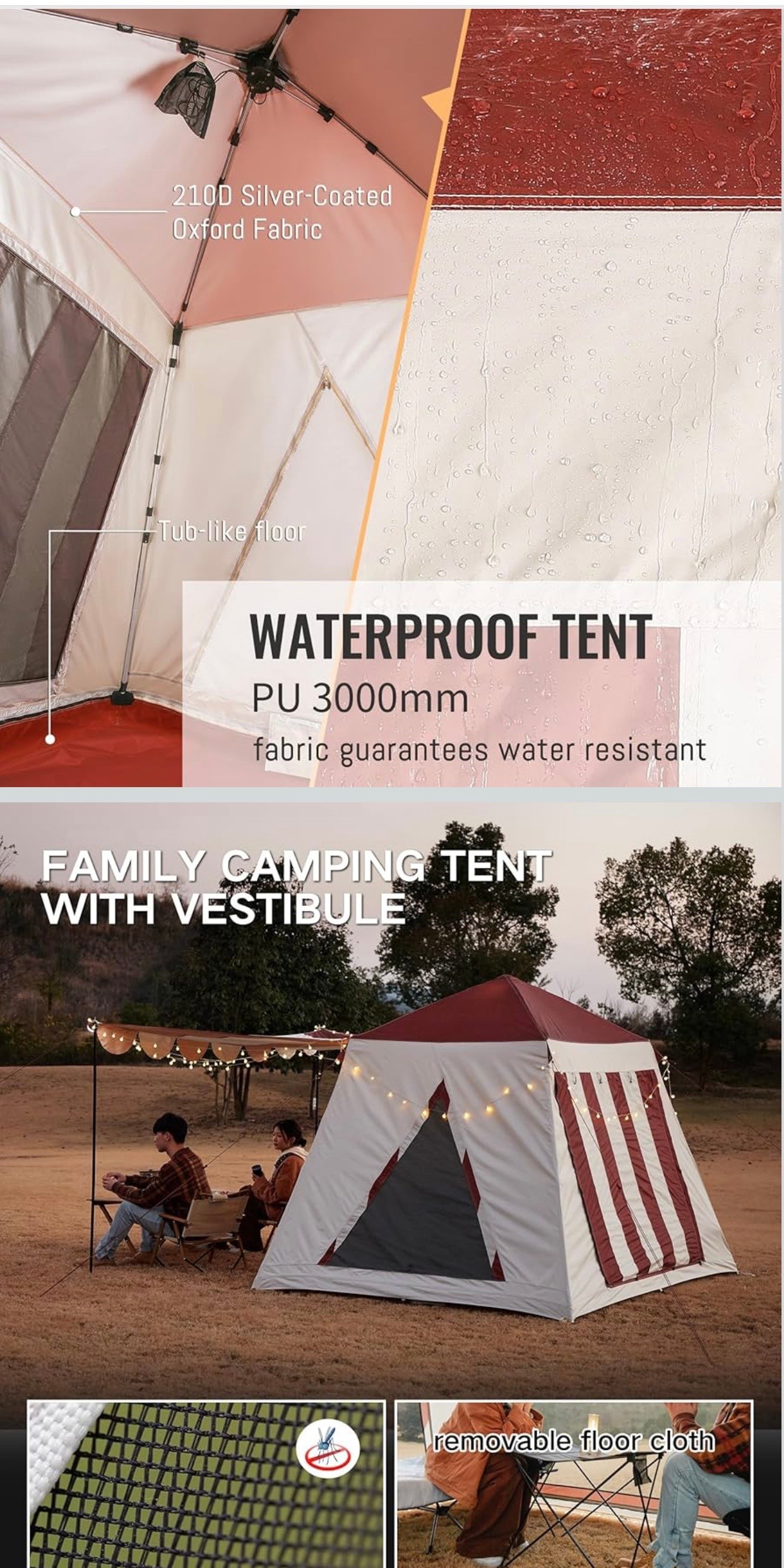 Camping Tent 4-6 Person w/ Vestibule 3000mm Waterproof Zip-Door - photo 2