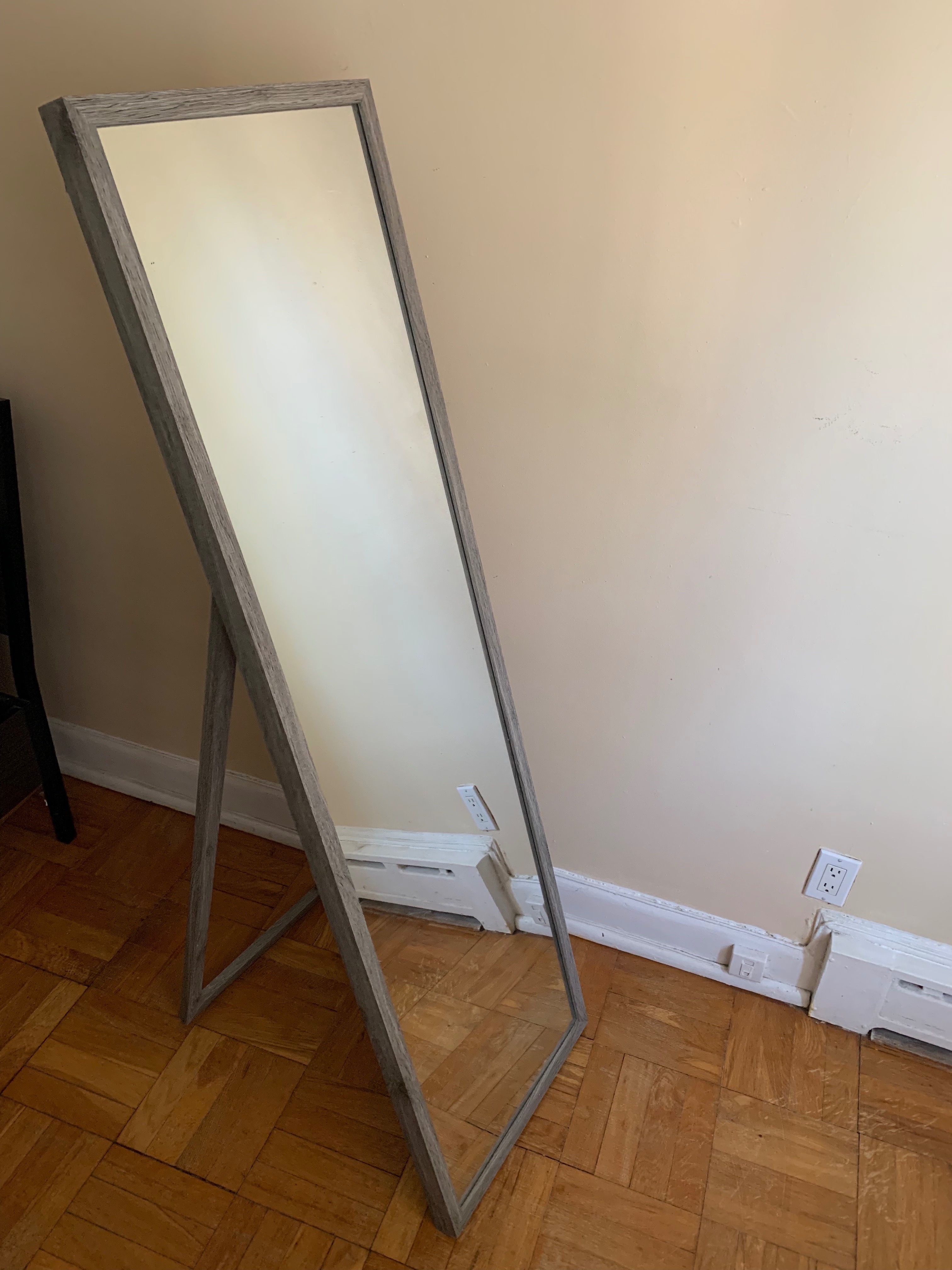 Moving Sale: Full-Length Standing Mirror – Gray Wood Frame
