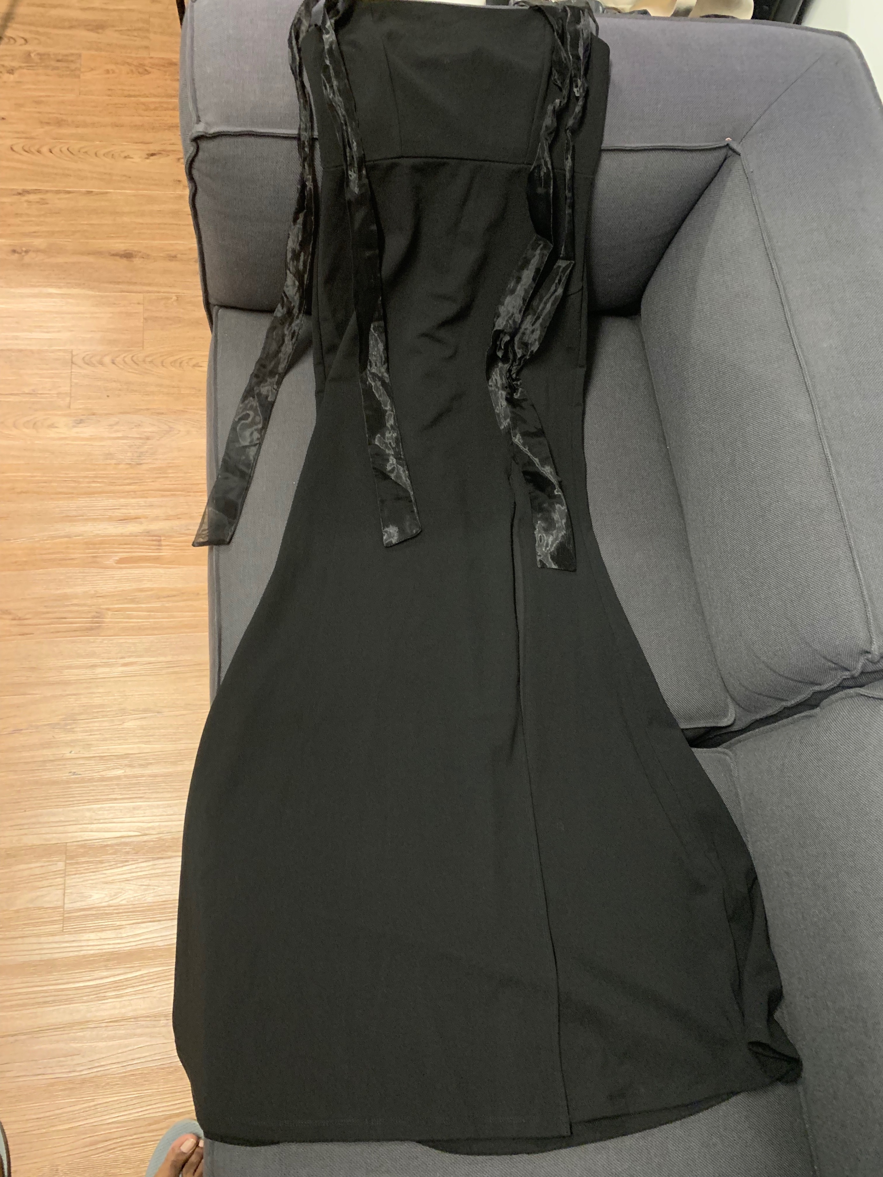 Black Strapless Midi Dress with Satin Tie Straps