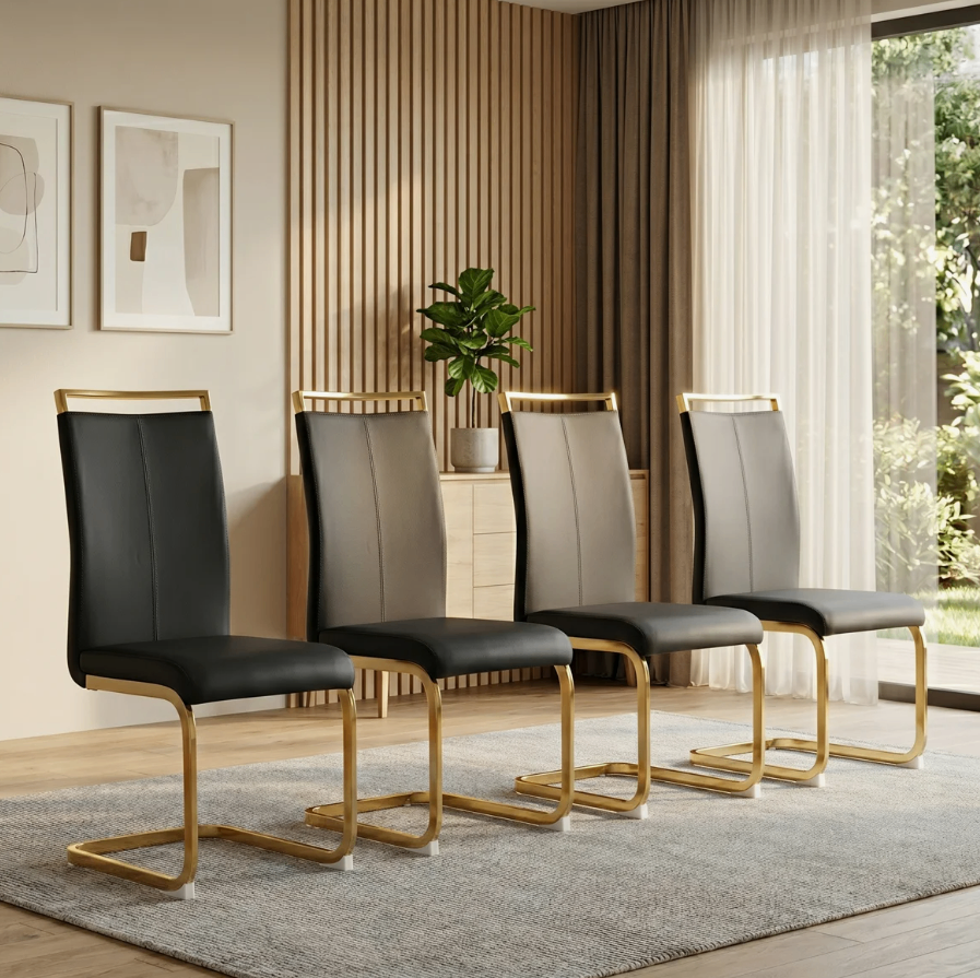 4 Black Faux Leather Dining Chairs with gold legs - New in box