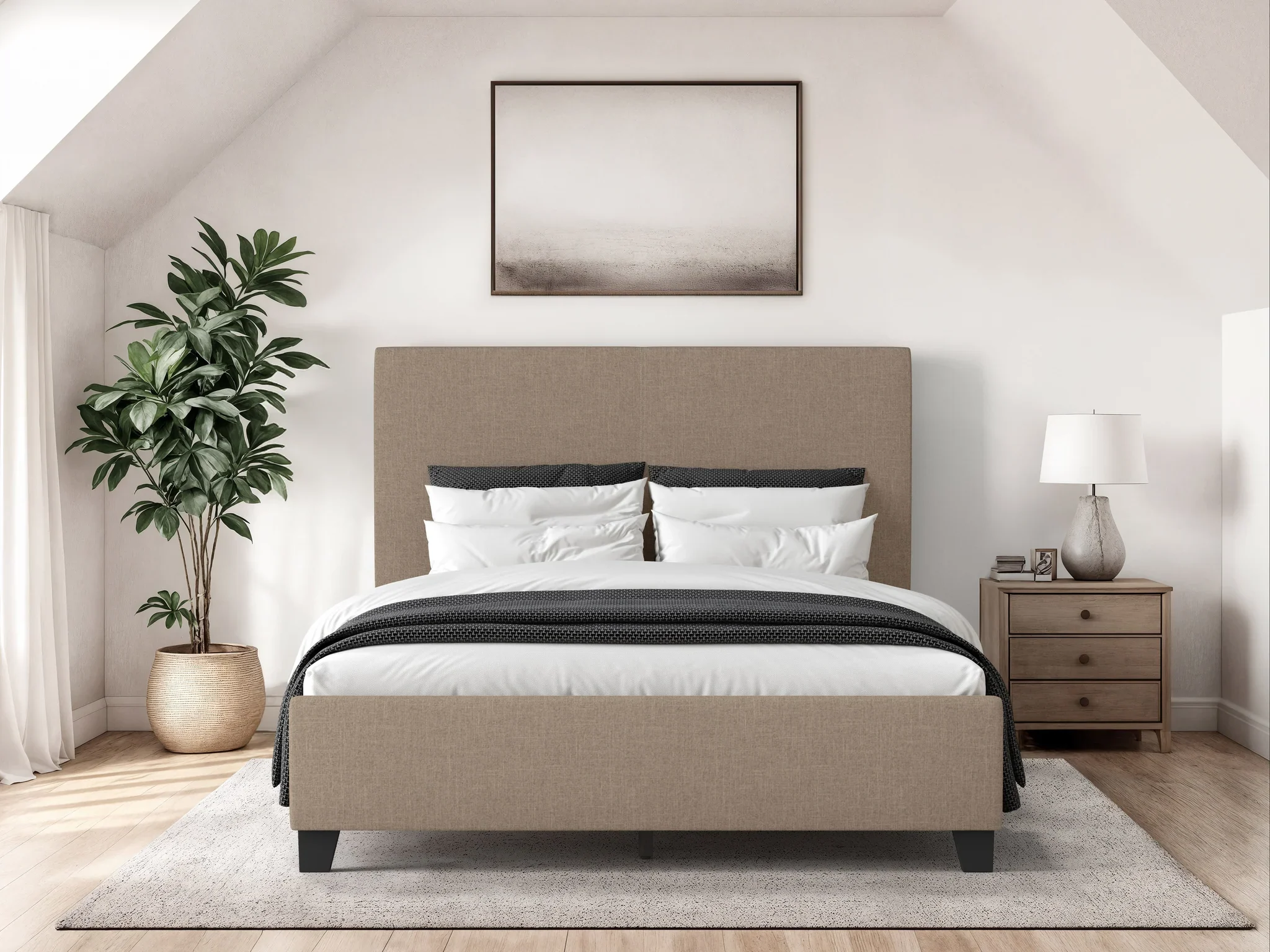 NEW Queen Upholstered Platform Bed – Warm Stone