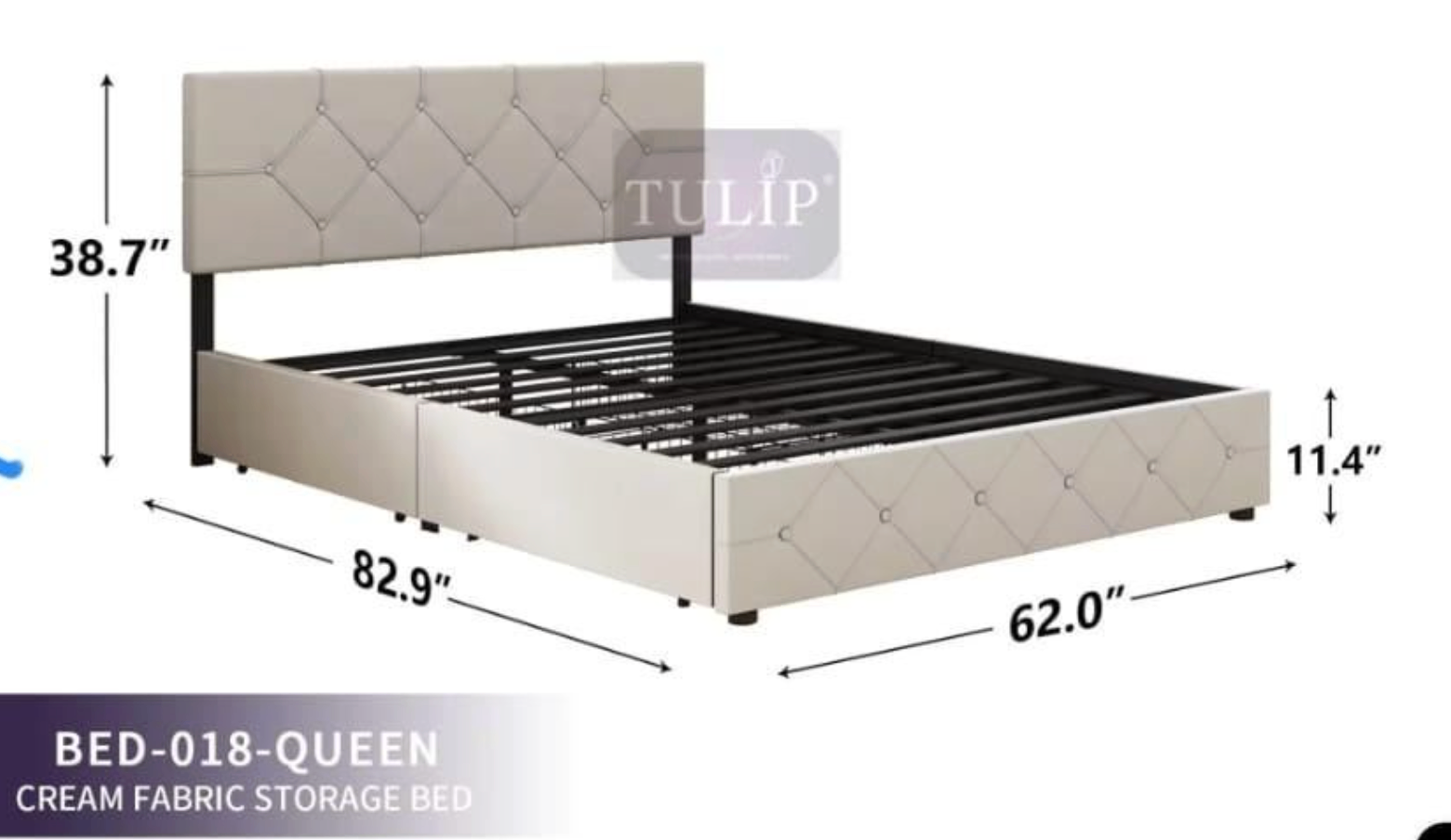 Tulip Queen Storage Bed Frame - Cream Fabric