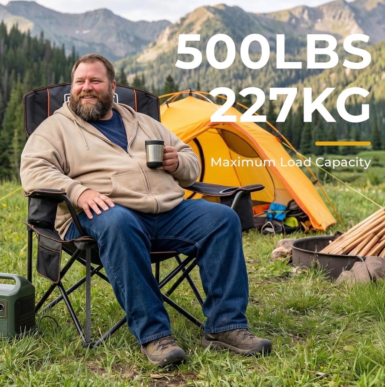 Set of 2 Oversized Folding Camping Chair Cooler Pocket 450lbs - photo 5