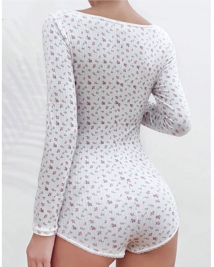 Buttoned Half-Placket Floral Romper Pajamas Long Sleeve - photo 2