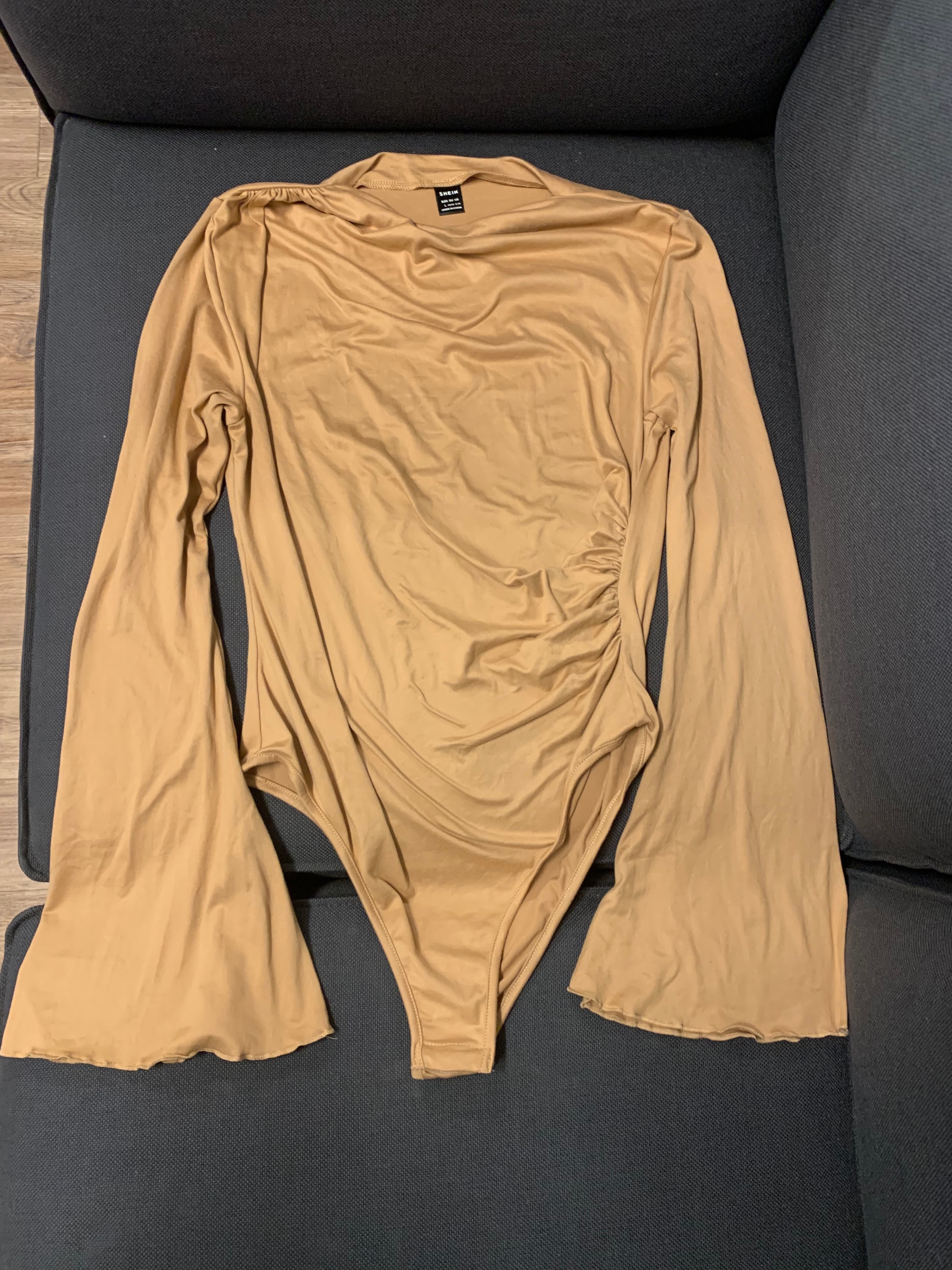 Camel/Tan Satin Cowl-Neck Bodysuit with Bell Sleeves