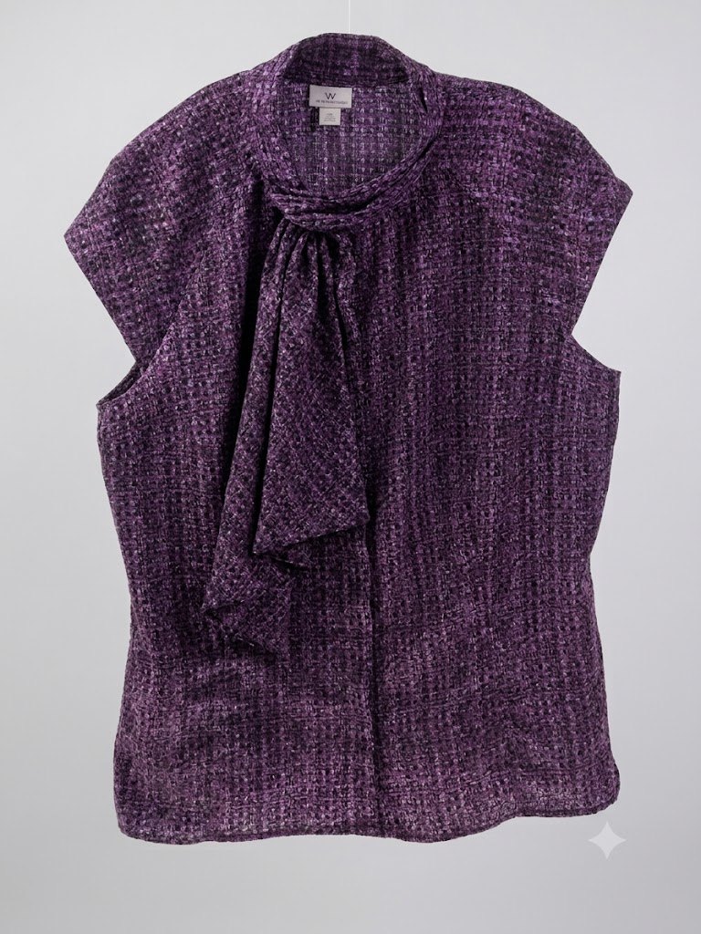 Worthington Purple Geometric Grid Tie Neck Cap Sleeve Blouse Top - photo 4