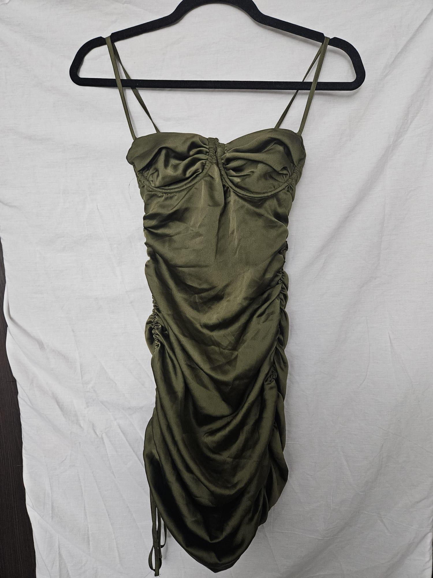 Olive Green Satin Ruched Bustier Mini Dress