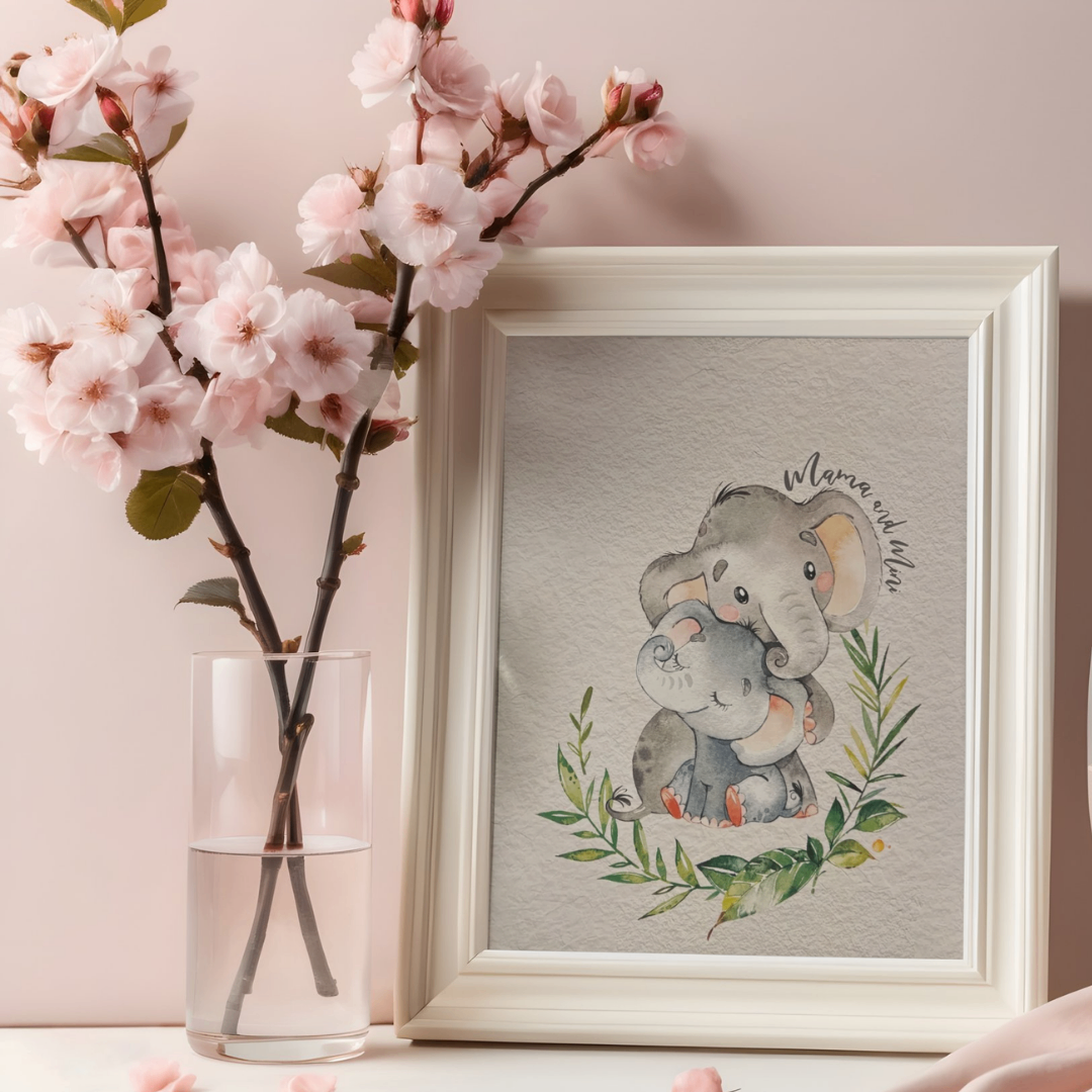 Mama & Mini Elephant Art Print – 12” x 16” Nursery Wall Decor