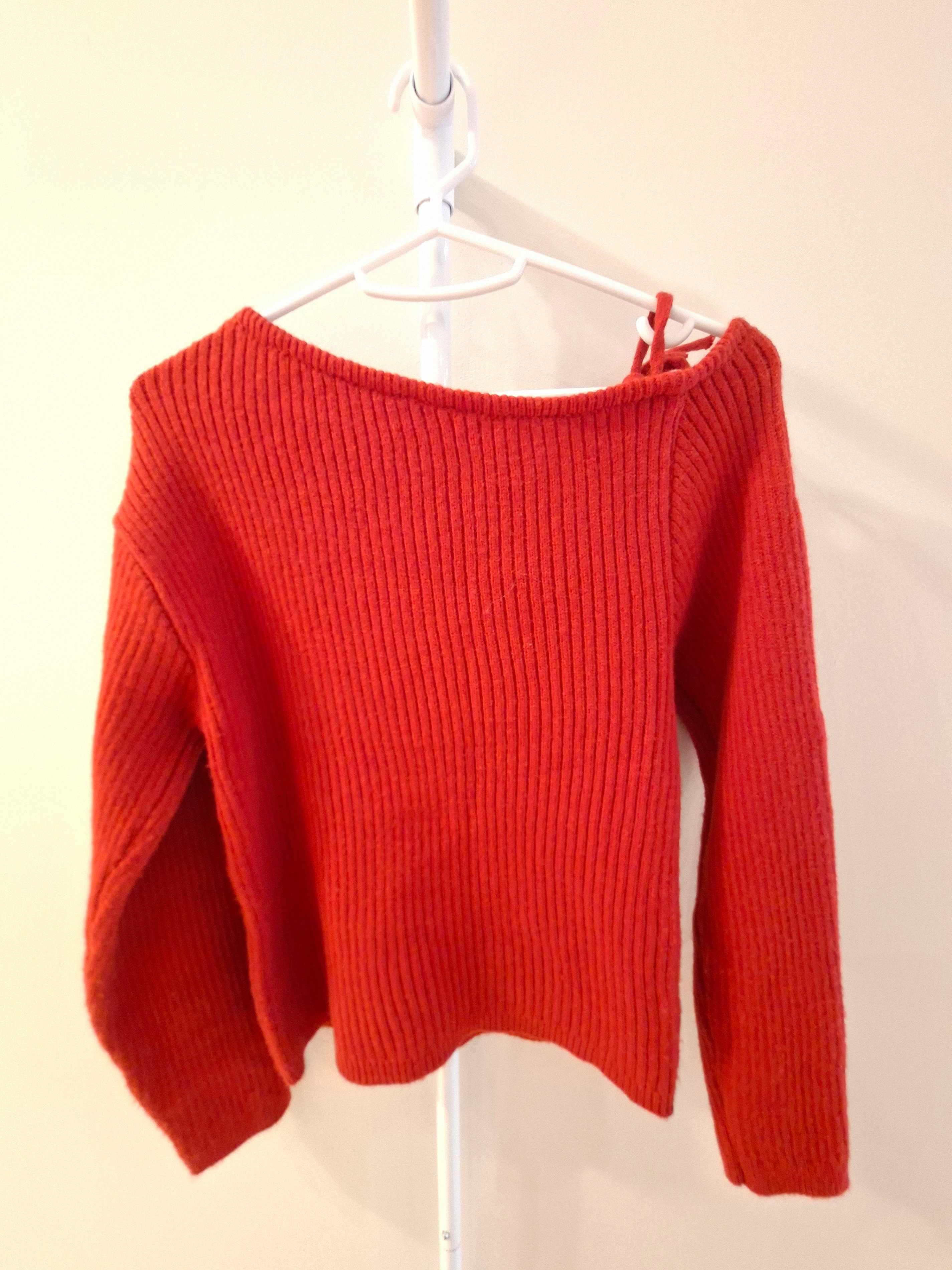 Red Ribbed Off-the-Shoulder Sweater