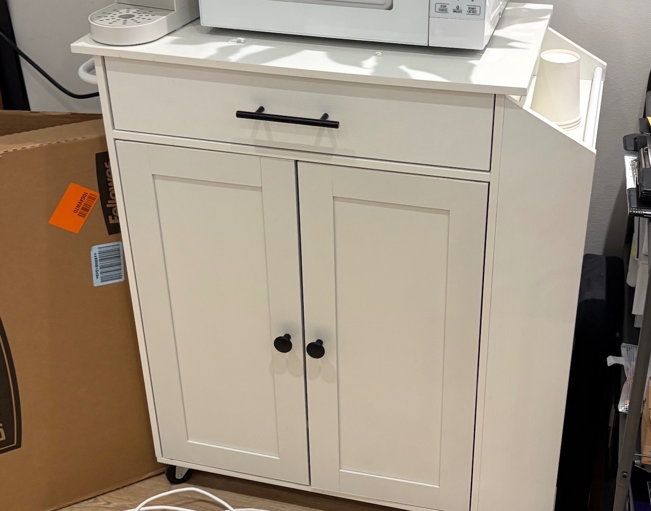 White Kitchen Storage Cabinet / Coffee Bar Cart with plug - photo 2