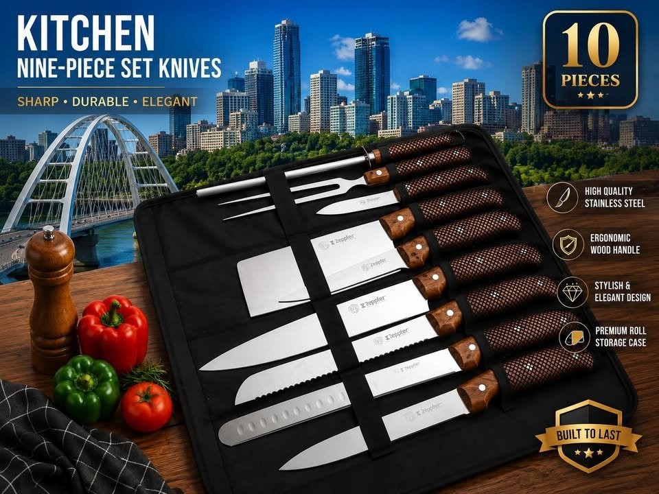 Premium 10-Piece Kitchen Knife Set w/ Storage Roll Case - photo 3