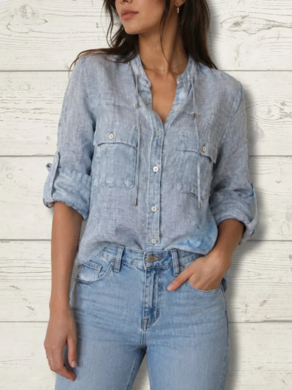 Gabby Isabella Light Blue Ramie Zip Front Shirt  xl