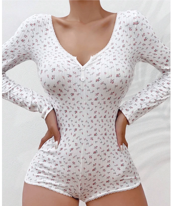 Buttoned Half-Placket Floral Romper Pajamas Long Sleeve - photo 5