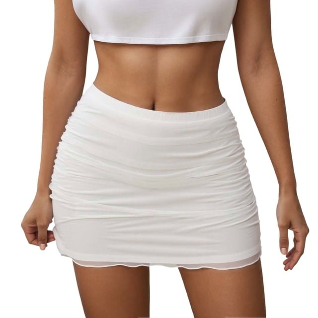 Stretchy High Waist Pleated Mesh Layered Bodycon Mini Skirt