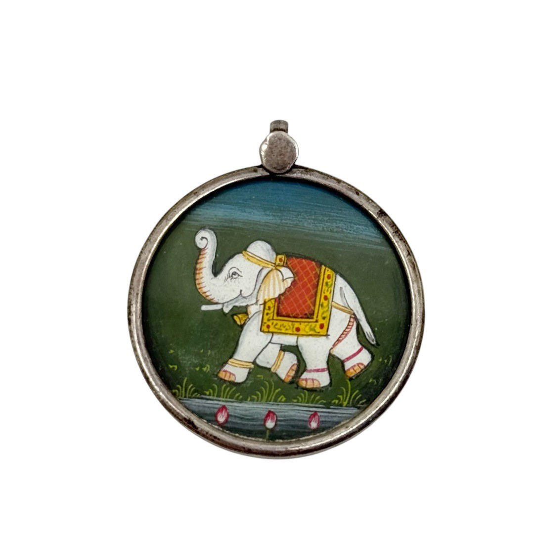 Vintage Indian sterling silver hand painting elephant pendant - photo 2