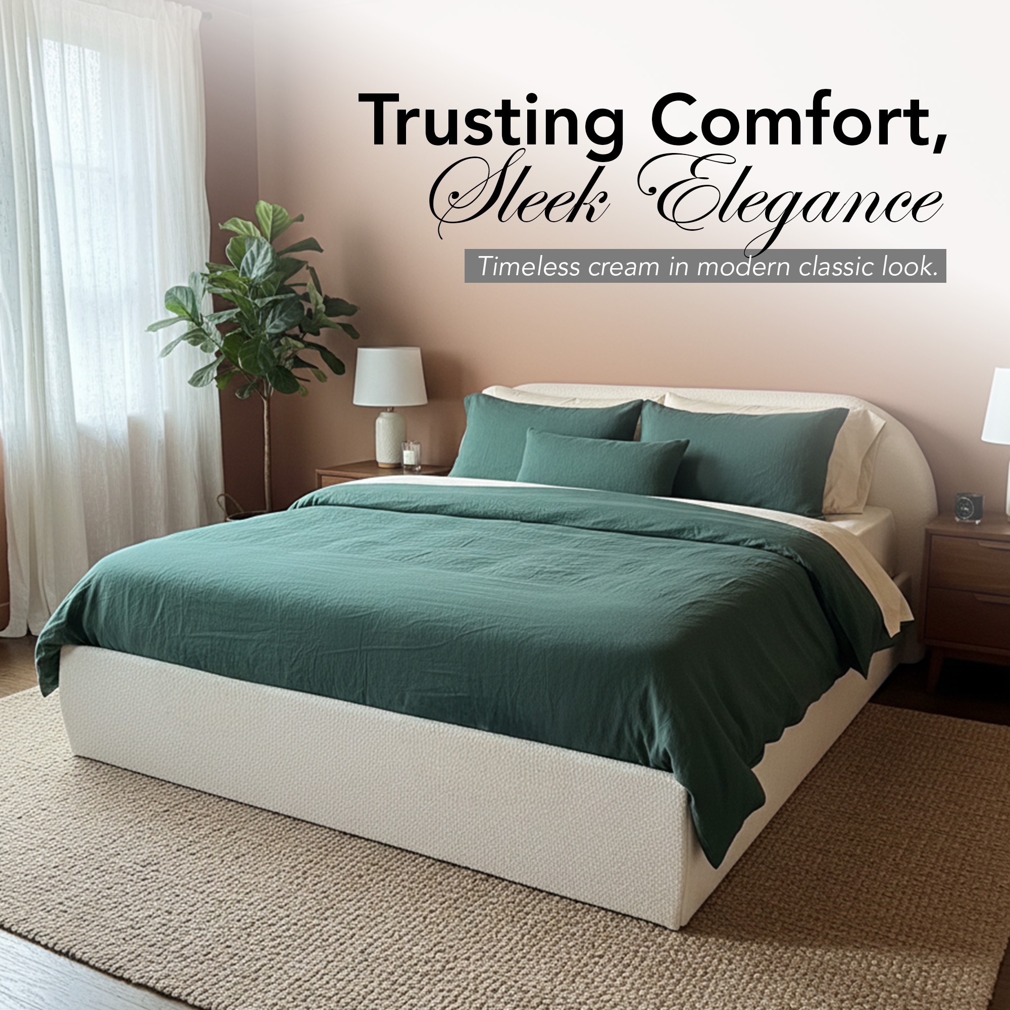 Cream Boucle Platform Storage Bed - New w/ 1 Yr Warranty