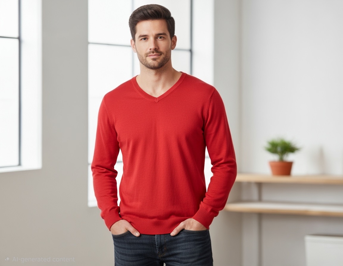 BRAND NEW MEN'S V-NECK LONG SLEEVE T-SHIRT (LARGE - RED) - photo 2
