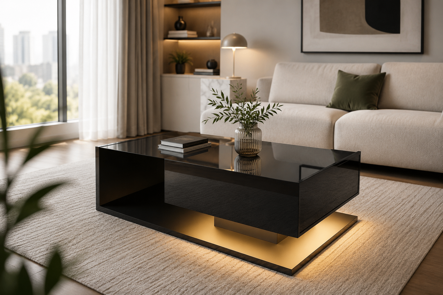 Modern Black Coffee Table w/ Hidden Storage Drawer & Glass Shelf