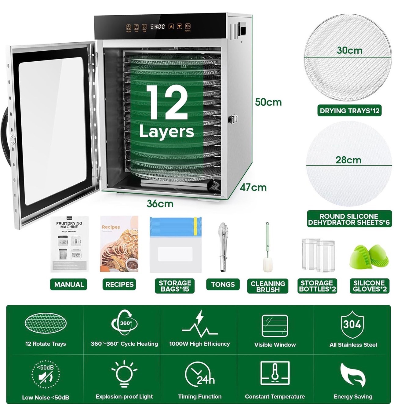 Food Dehydrator Machine 12 Trays Stainless Steel Dual fan 360° - photo 2