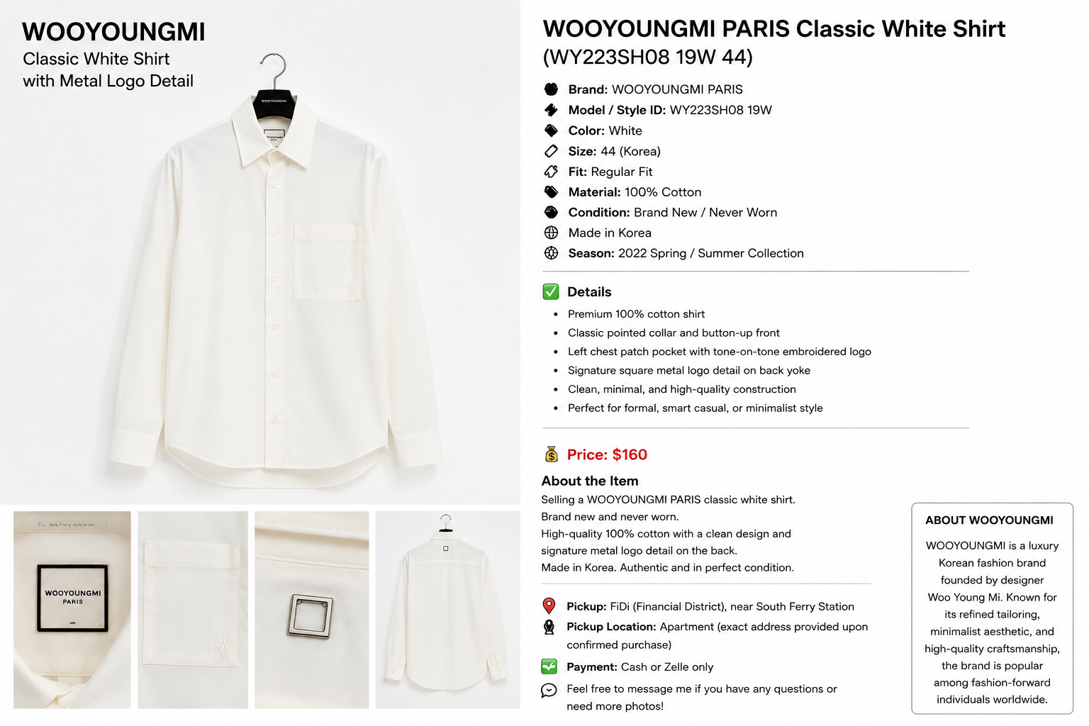WOOYOUNGMI White Cotton Shirt – Size 44 – Made in Korea