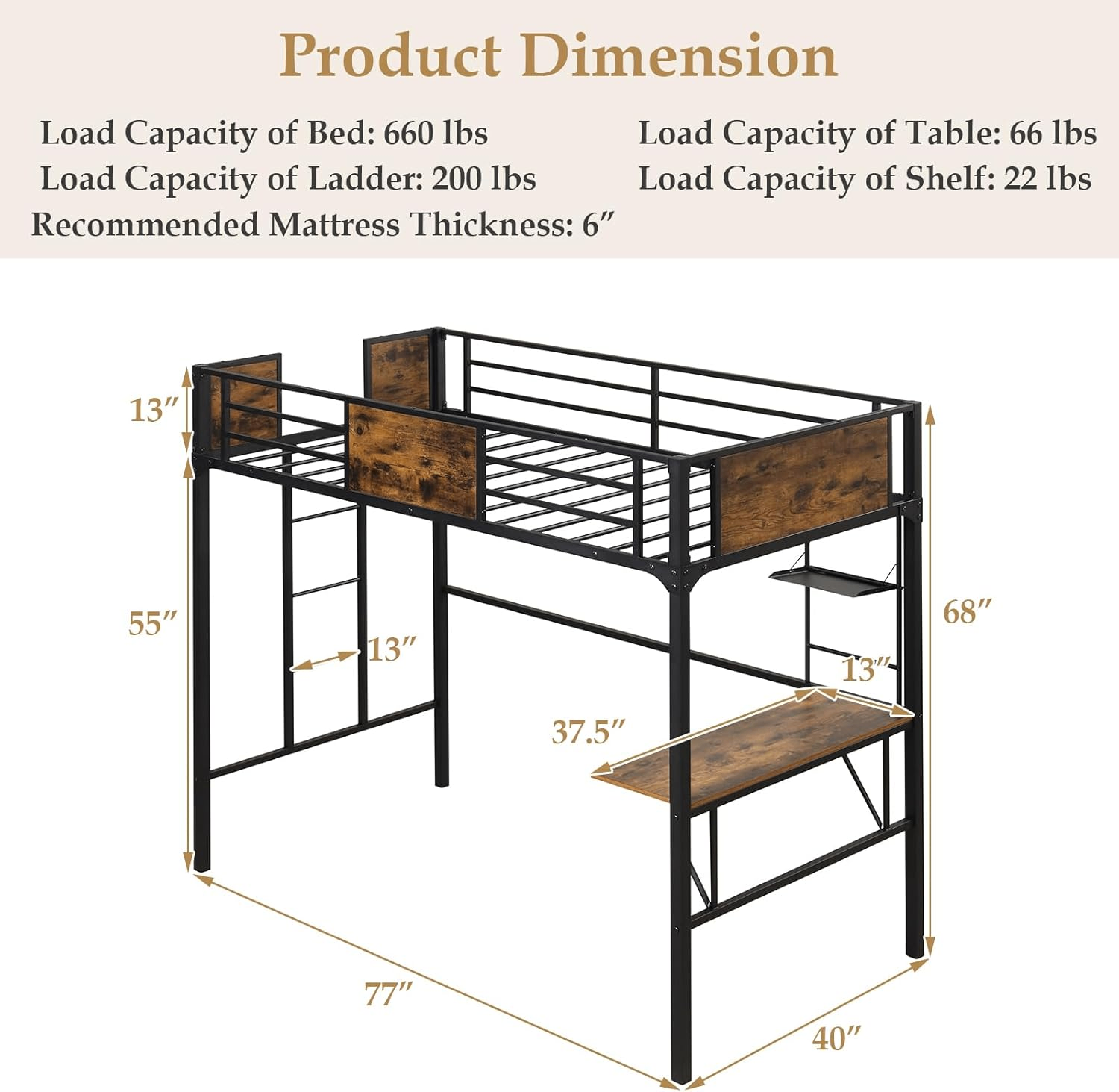 Twin Size Loft Bed with Desk and Shelf Metal Frame Rustic Brown