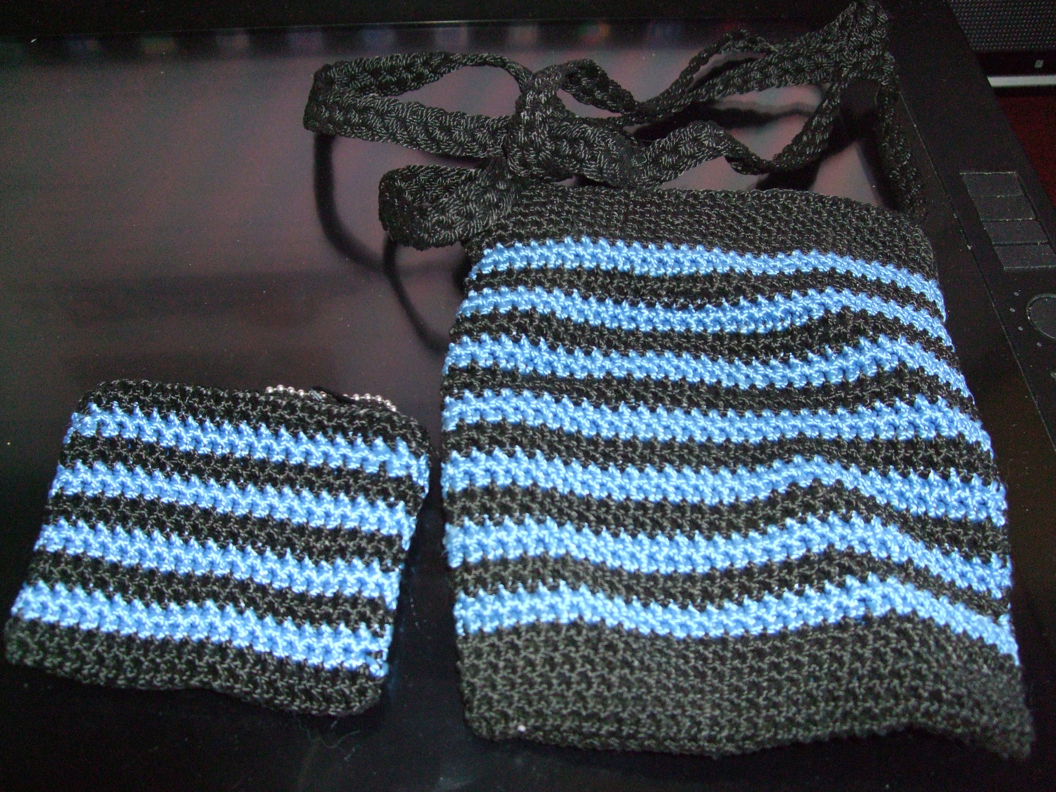 Crocheted Blue and Black Striped Bag Set