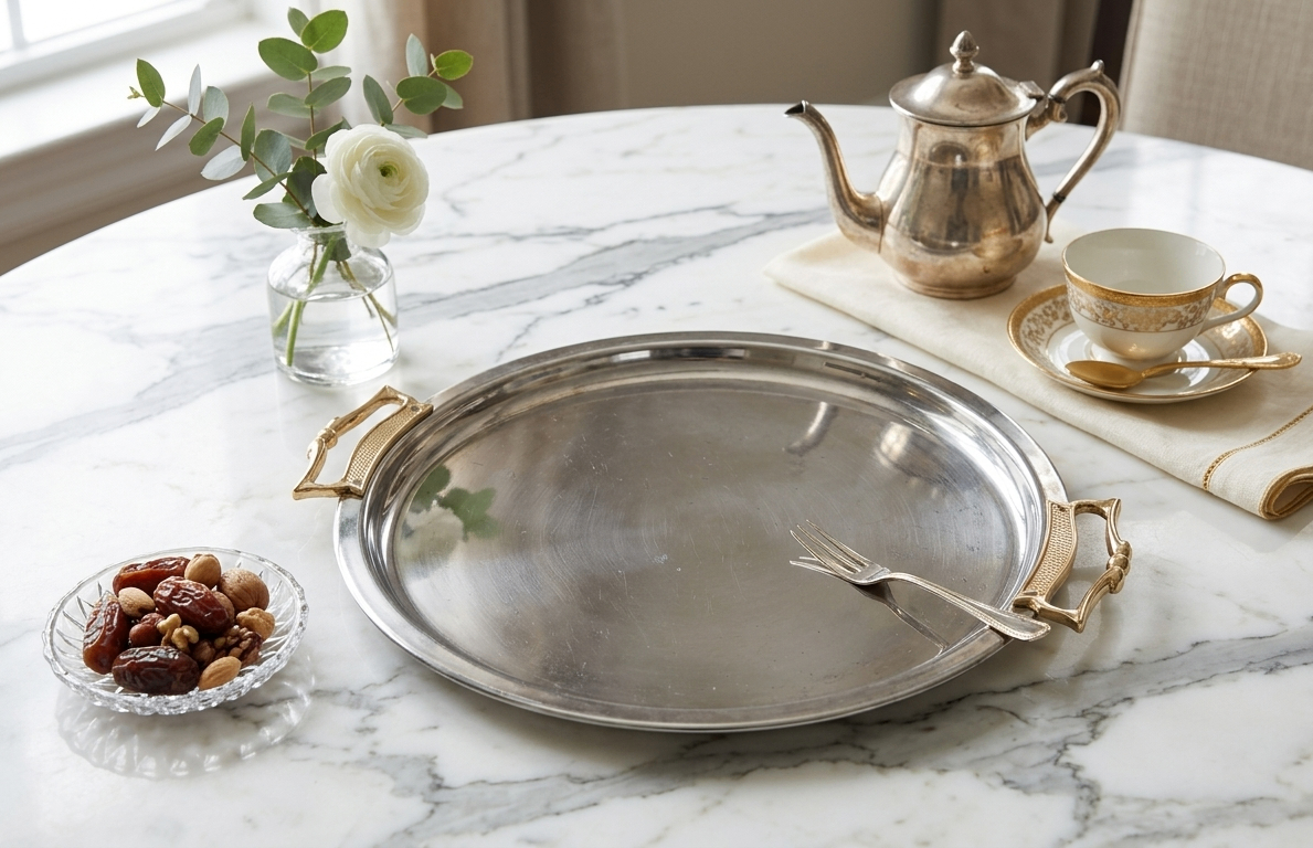 Modern Chrome Round Serving Platter with Brass Handles