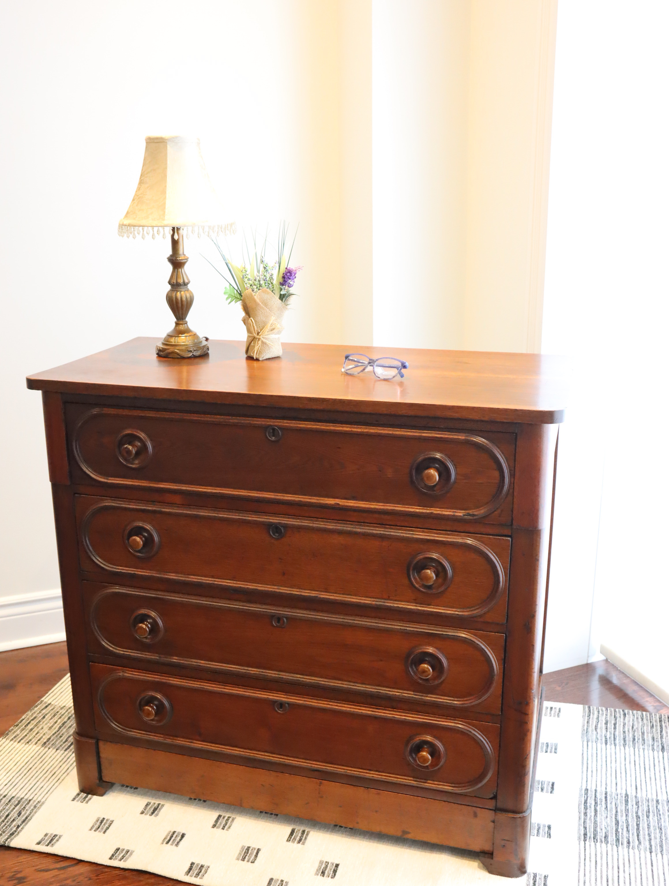 Late Victorian Walnut 4 Drawer Dresser Plus Hidden Drawer