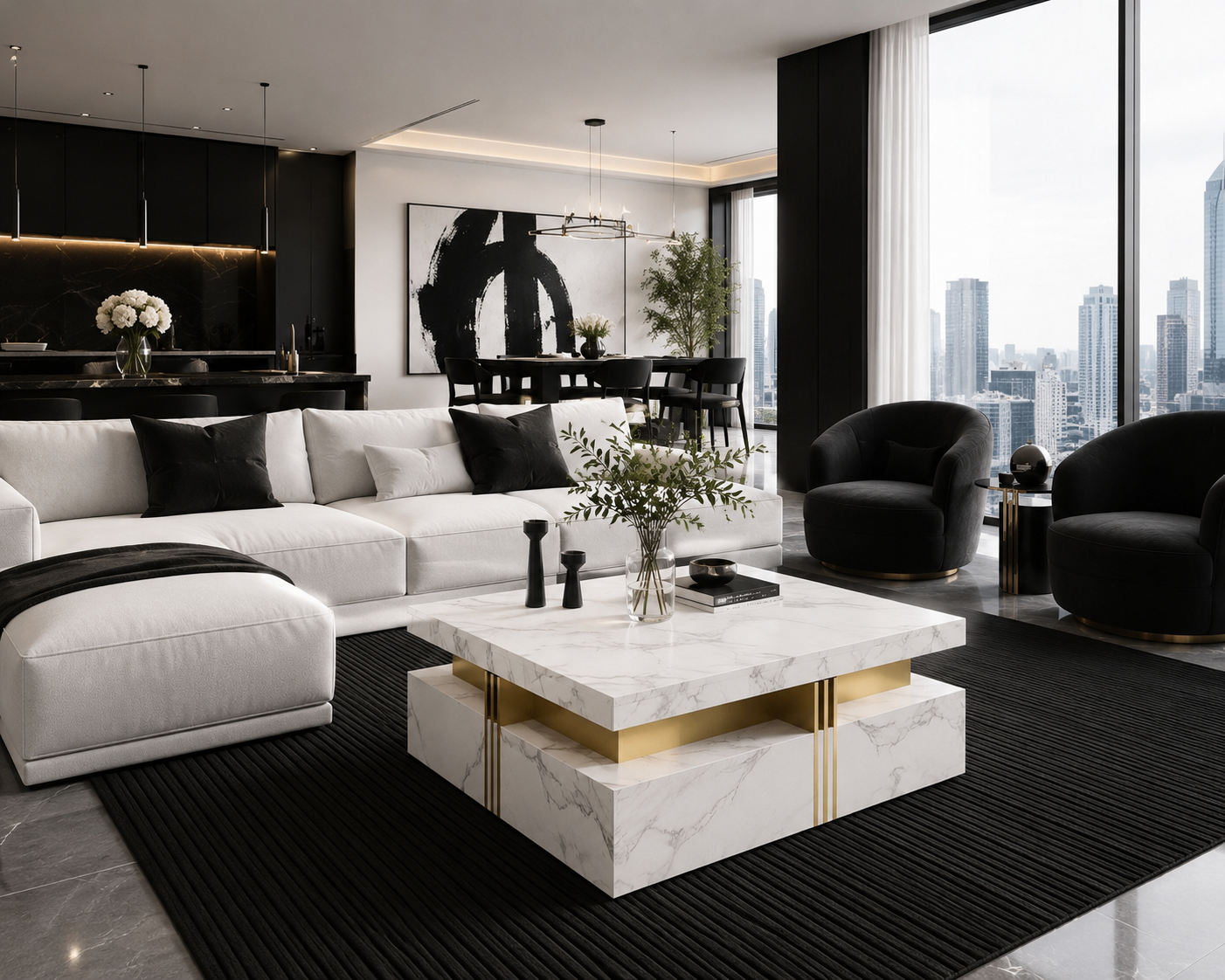 Marble Coffee Table with 4 Drawers – Modern White & Gold