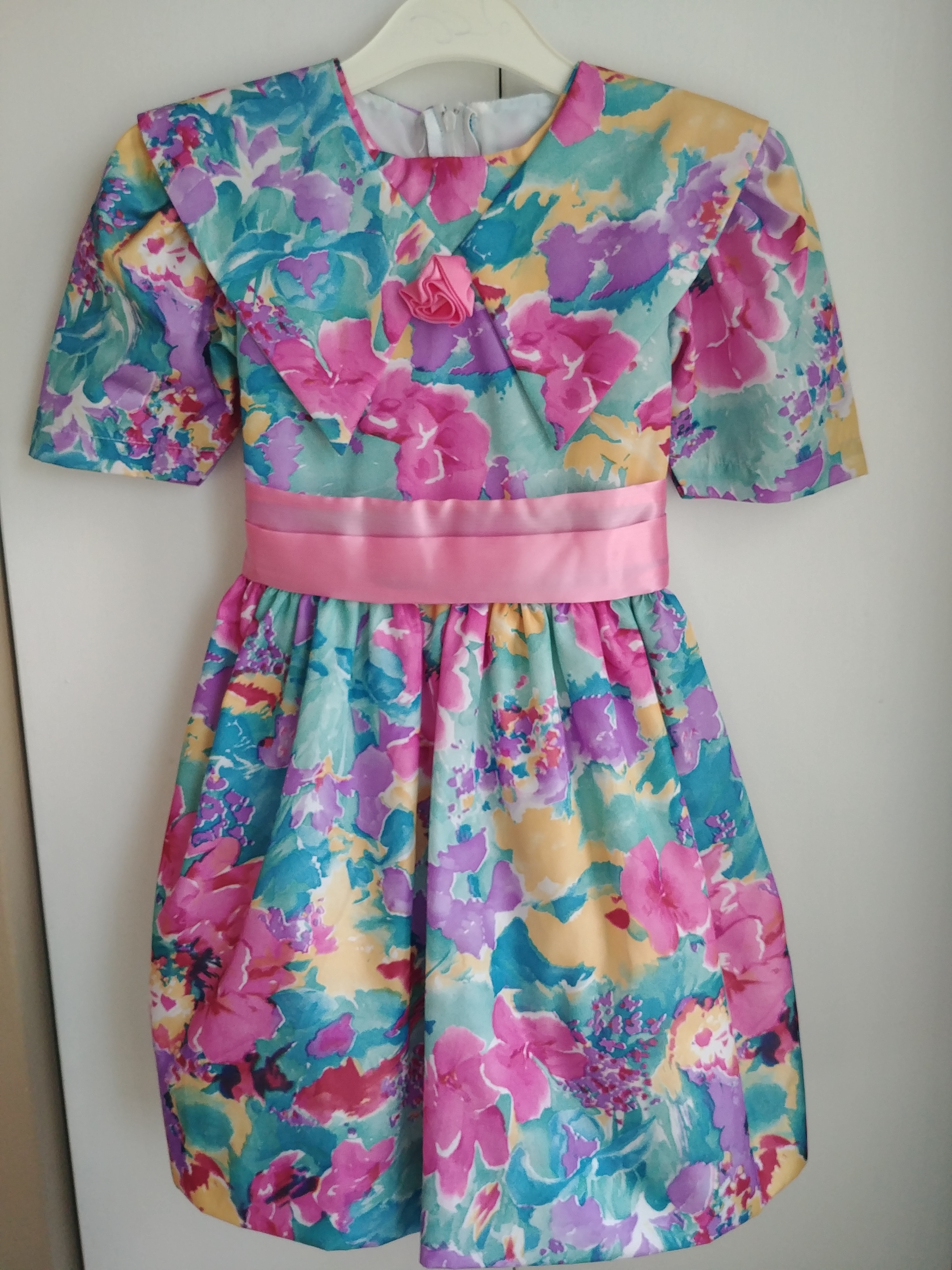 Girls Floral Print Dress with Pink Sash, Size 5