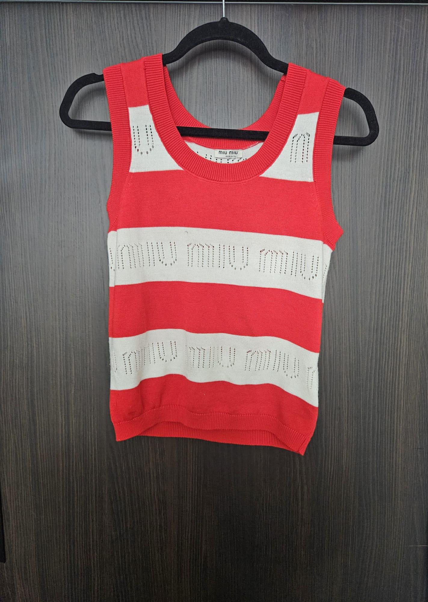 Miu Miu Red & White Striped Openwork Logo Tank Top