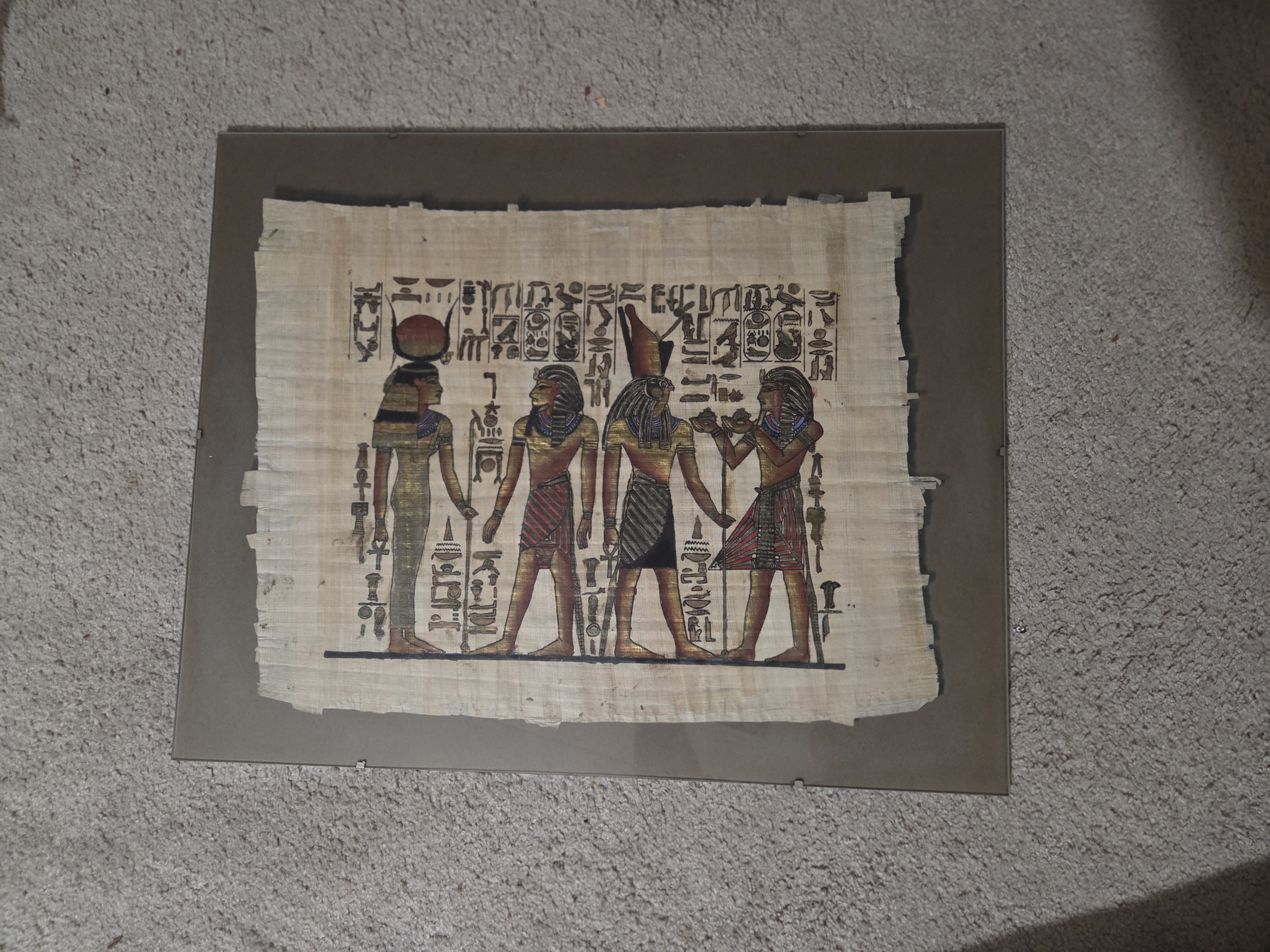 Vintage Egyptian Papyrus Hand Painted Signed Pharaoh Gods 16x20"
