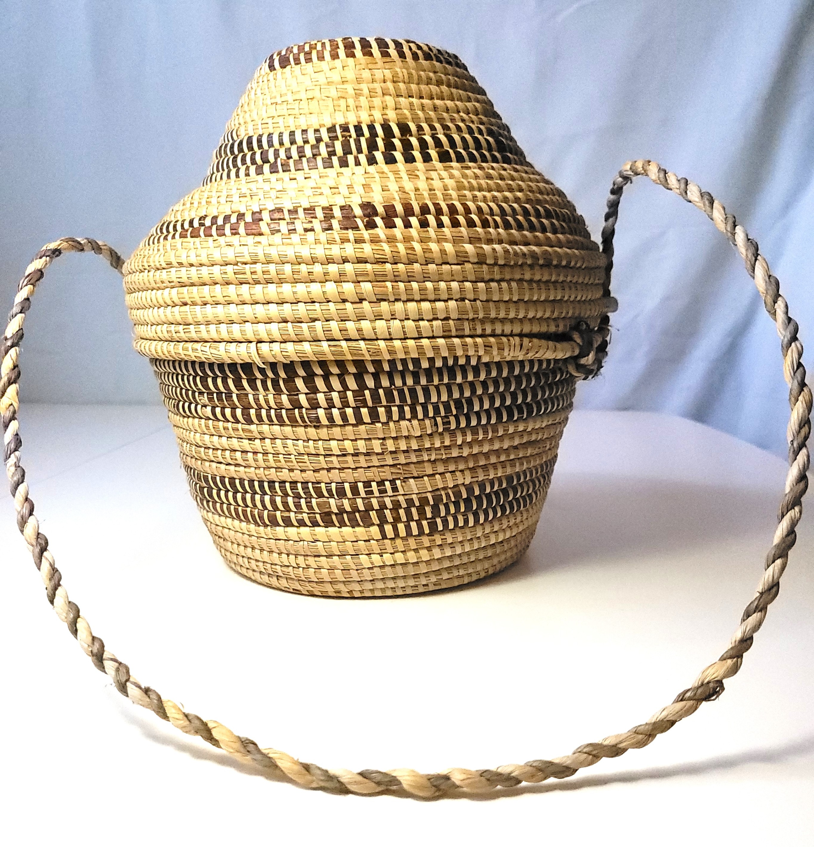 Circa 1970s Botswana Handwoven Basket with Lid & Strap | Large - photo 2