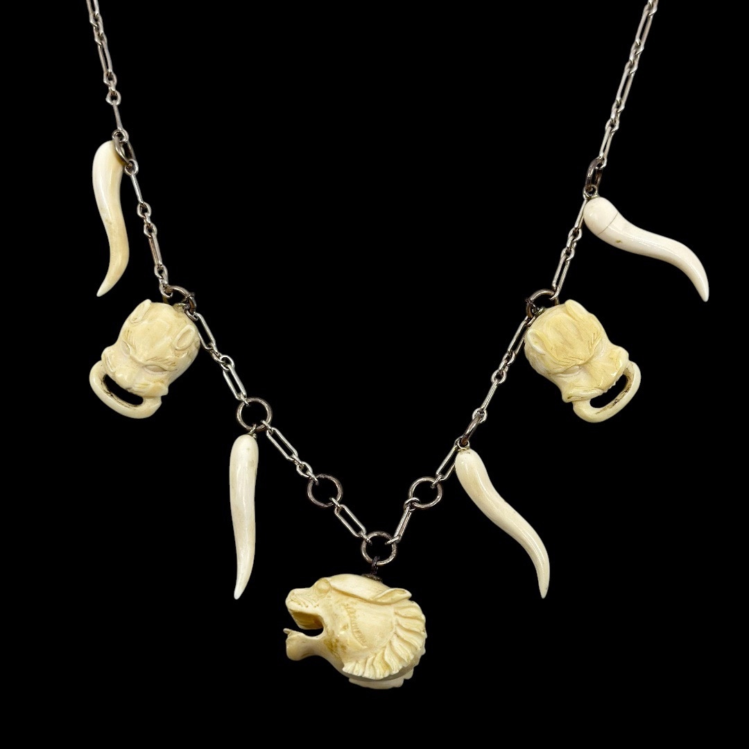 Vintage sterling silver hand carved bone charm pendant necklace - photo 3