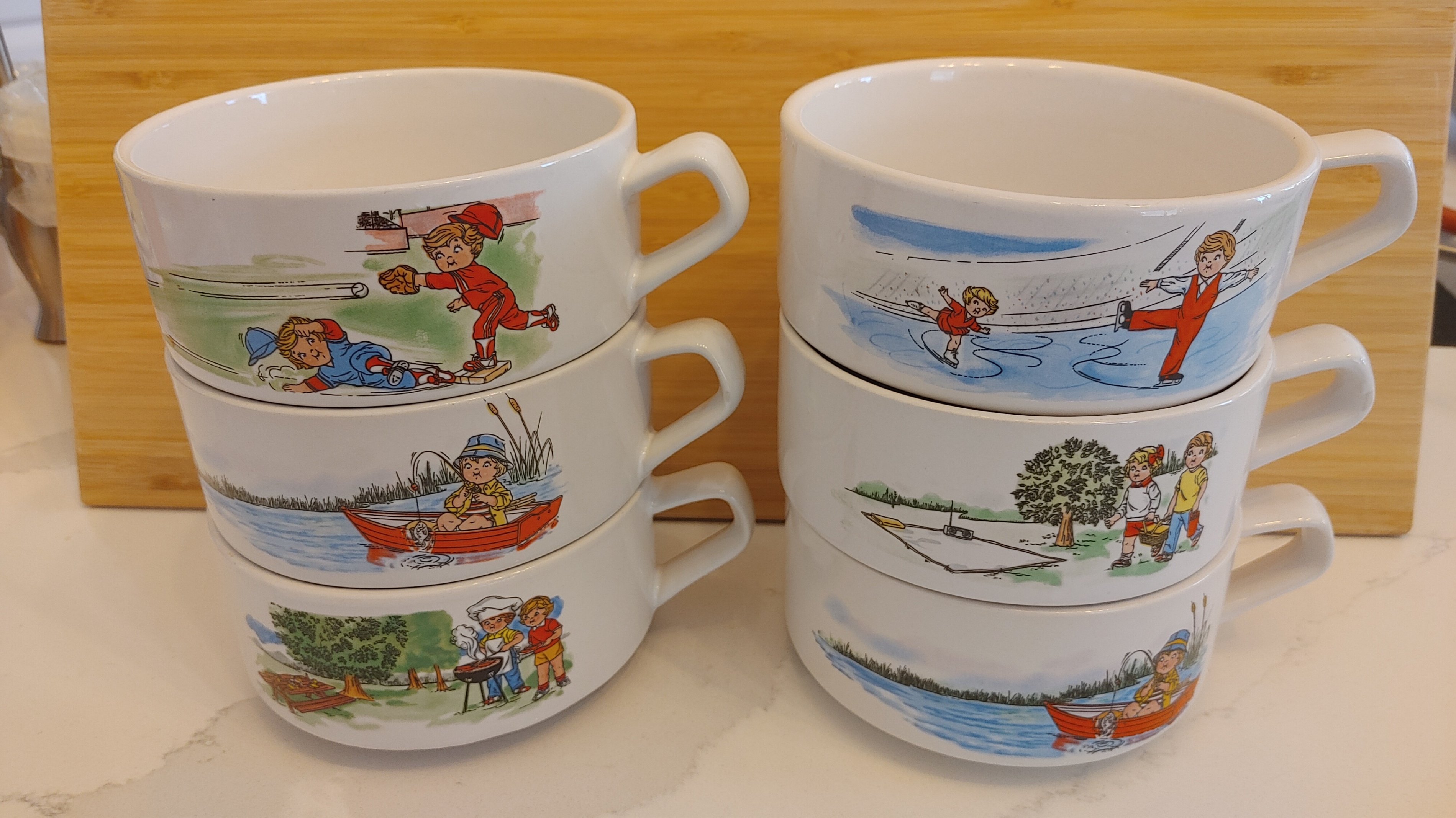 Set of 6 Vintage Soup Bowls with Children's Illustrations