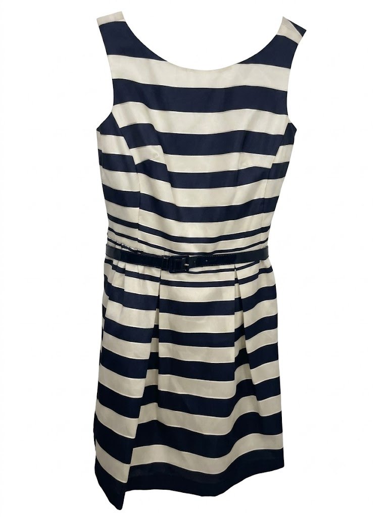 Taylor Black & White Striped Fit & Flare Dress with Belt Size 14