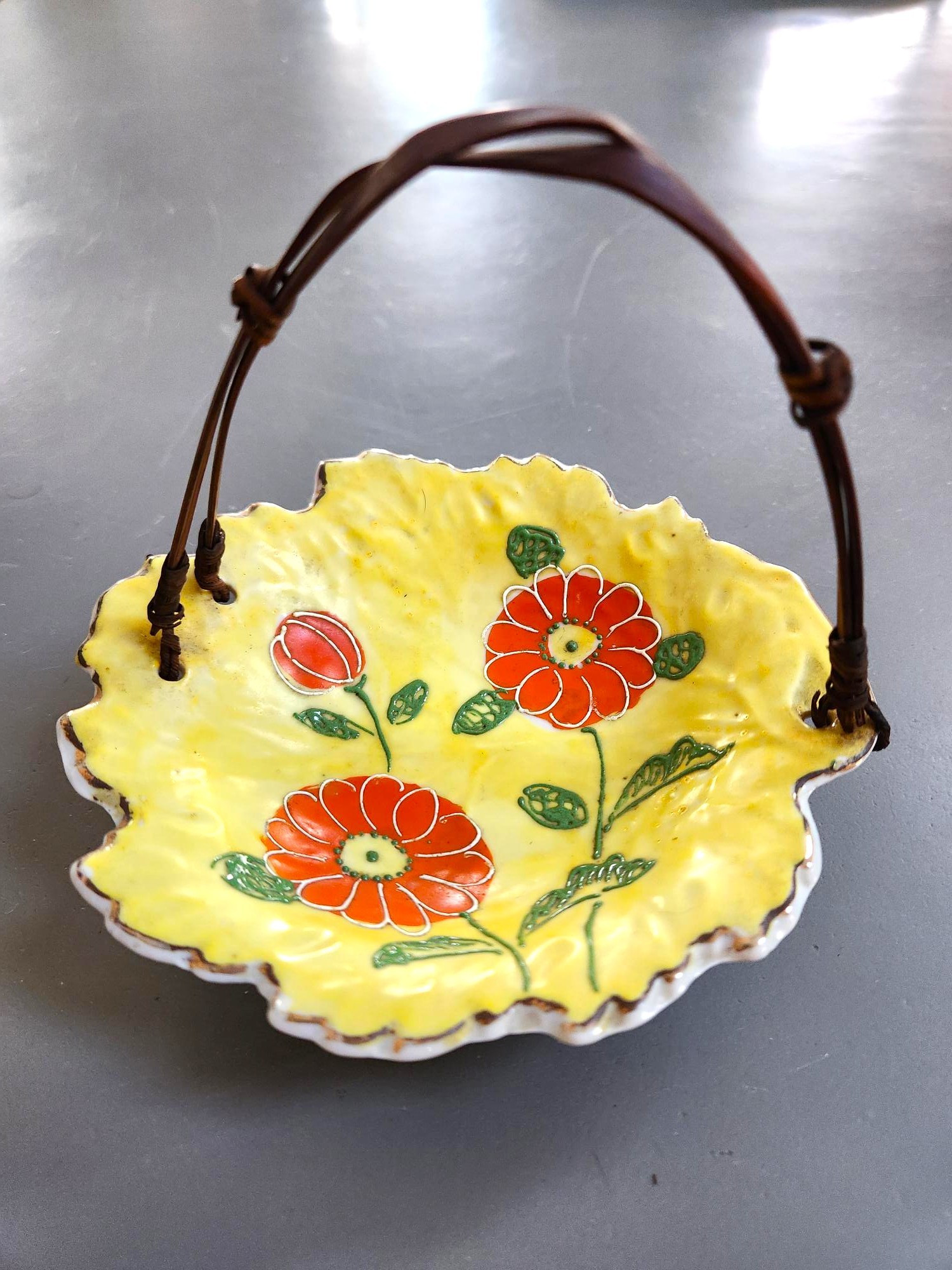 Kyoto Ware Style Ceramic Basket, Textured Bright Florals!