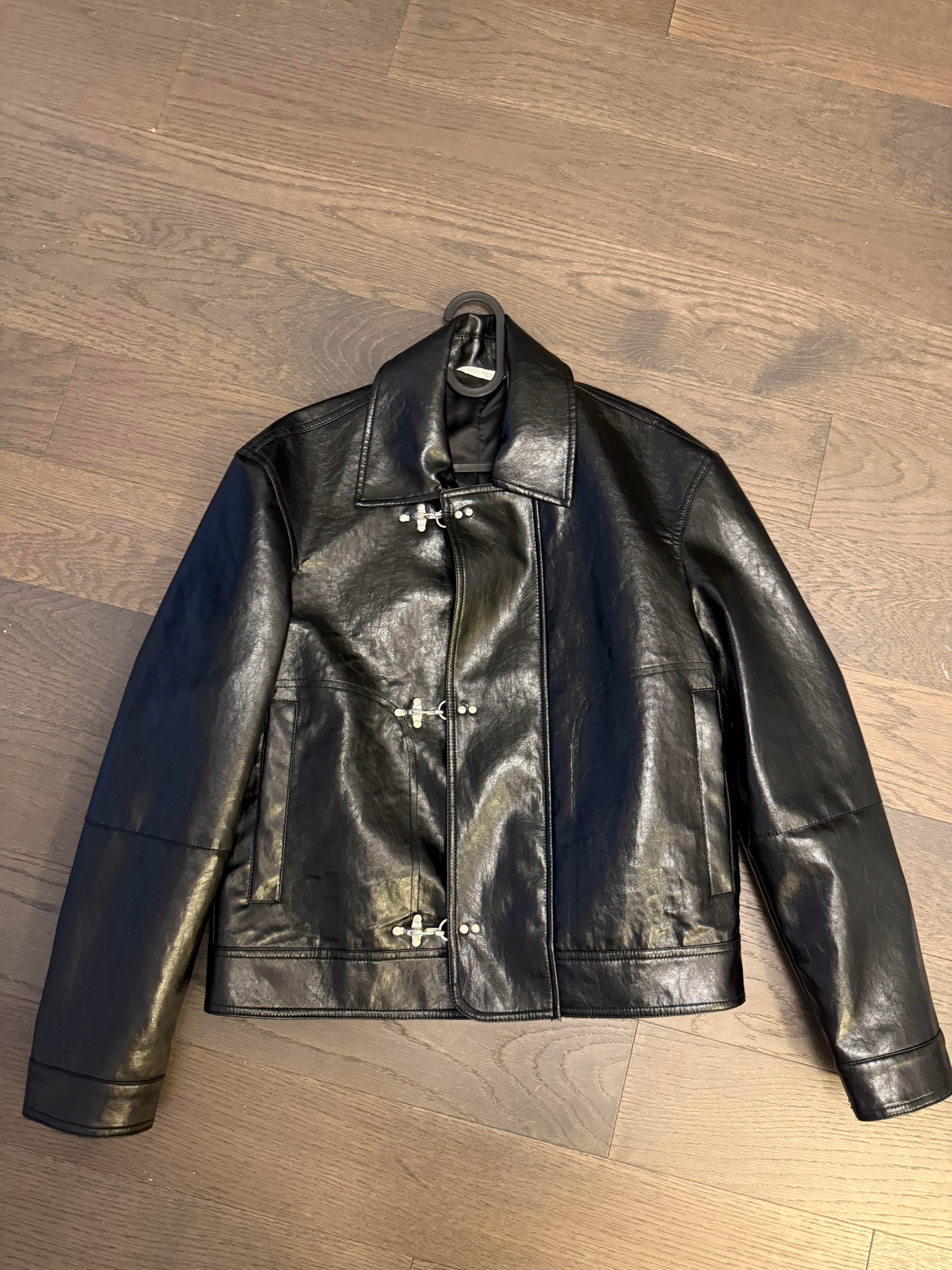 [Brand New] Faux Leather Jacket with Fireman Clasps (Black)