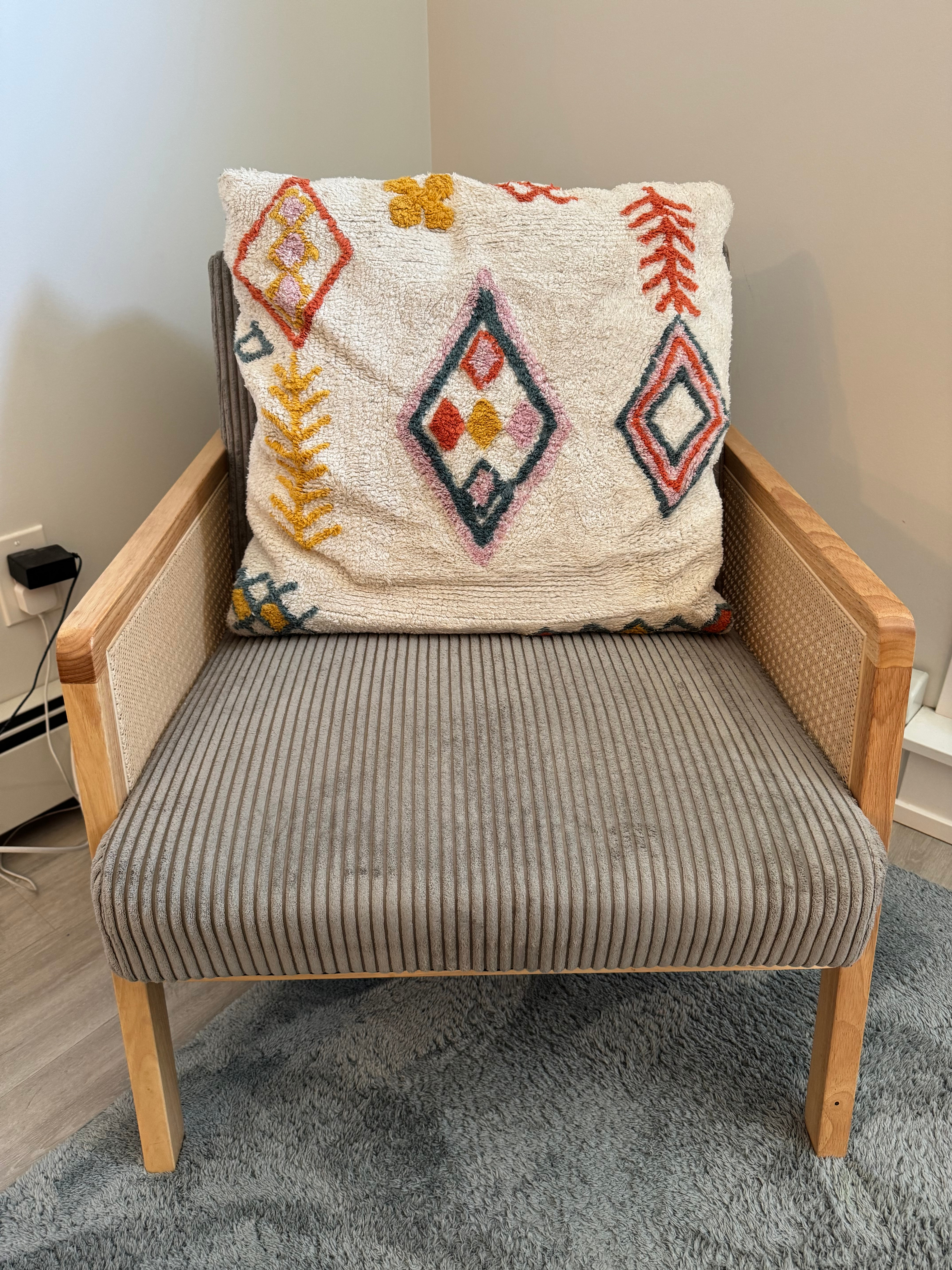 Structube BECKETT Silver Armchair w/ corduroy and rattan accents