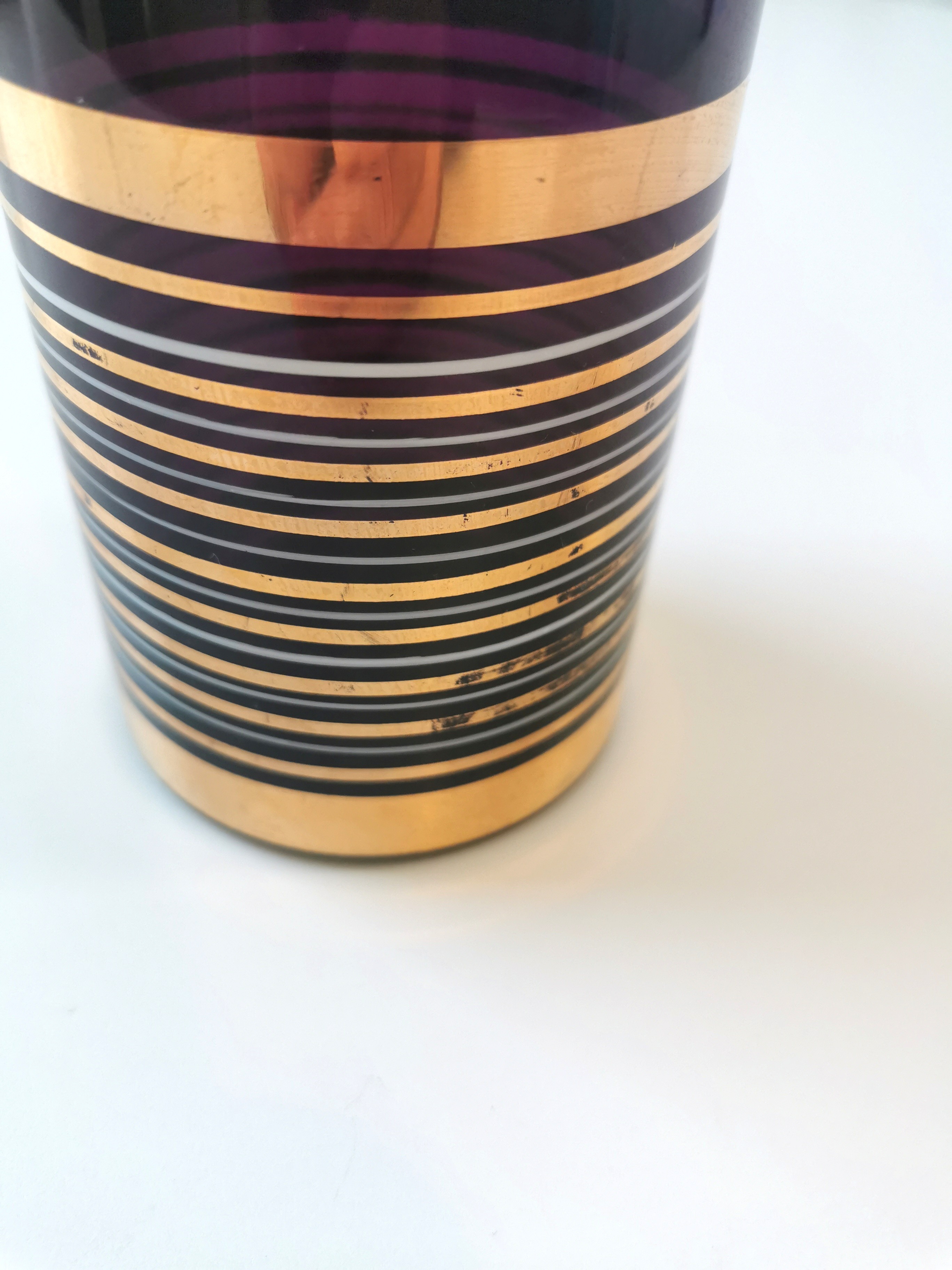 1960s Czechoslovakian Amethyst Glass Decanter Gold White Stripes - photo 5