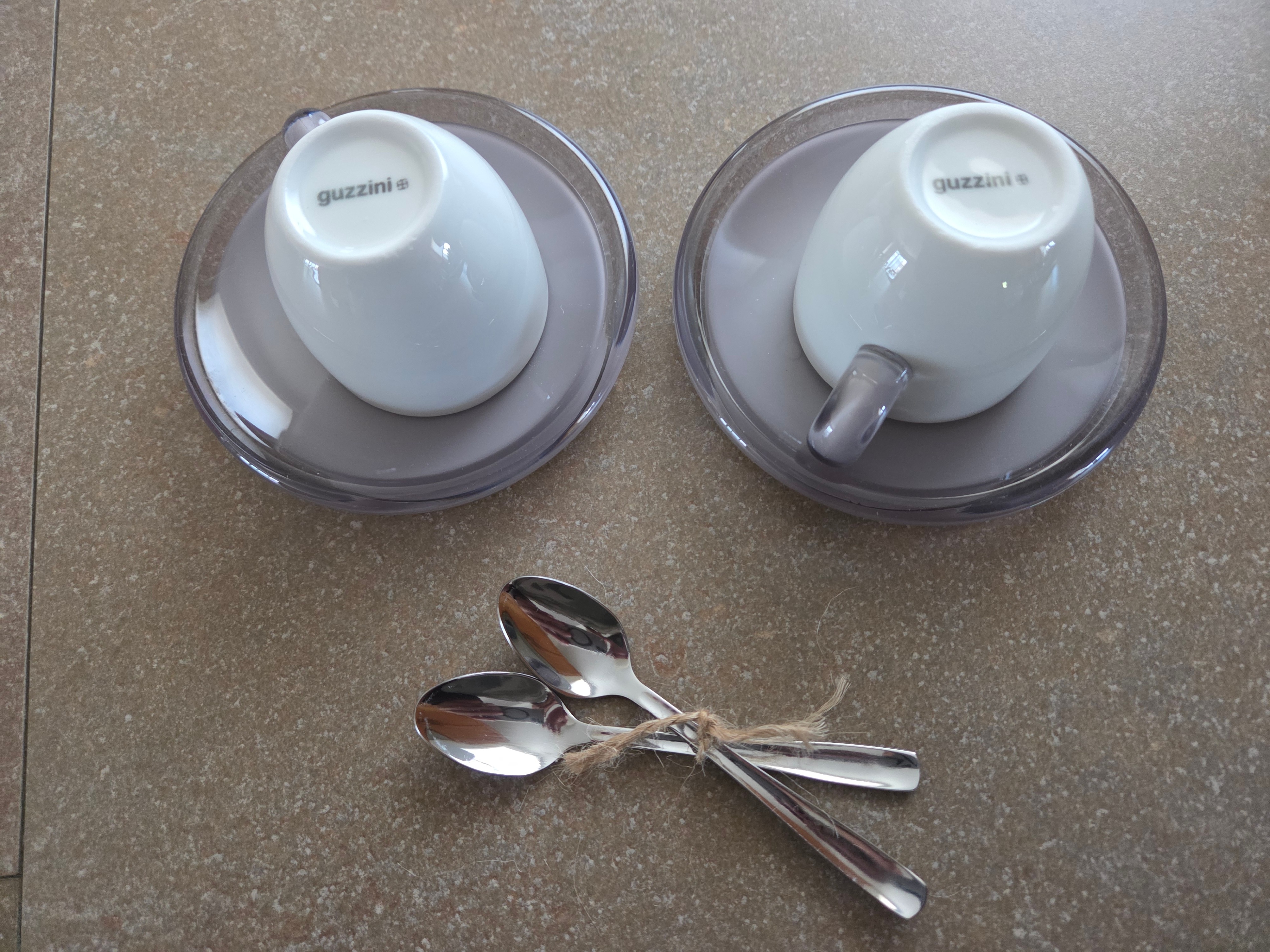 New S/2 Guzzini Gocce espresso cups and saucers.
