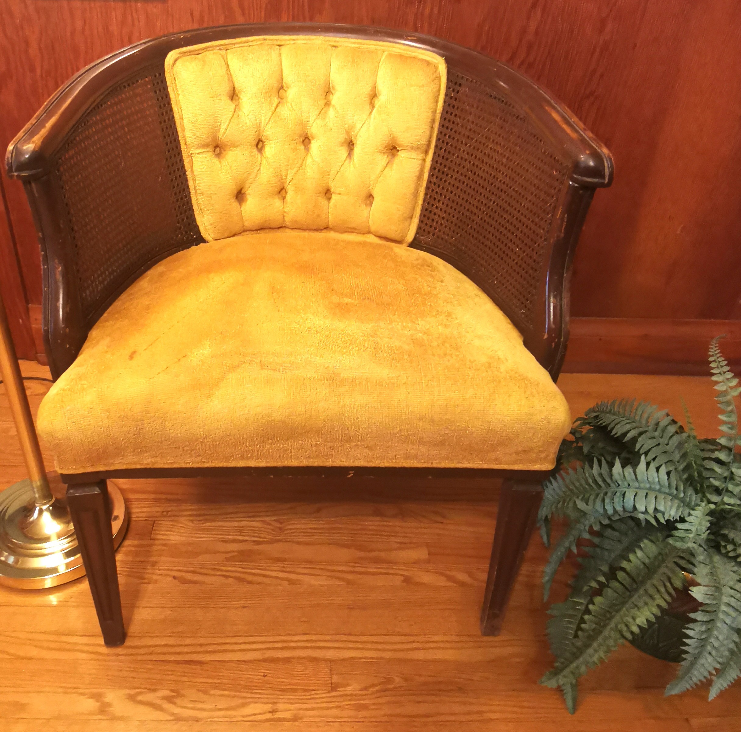 Circa 1972–1976 Cane Barrel Chair – Tufted Gold Accent Chair