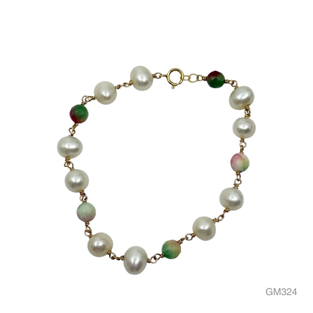 14k gold filled Pearl watermelon tourmaline  bracelet - GM324