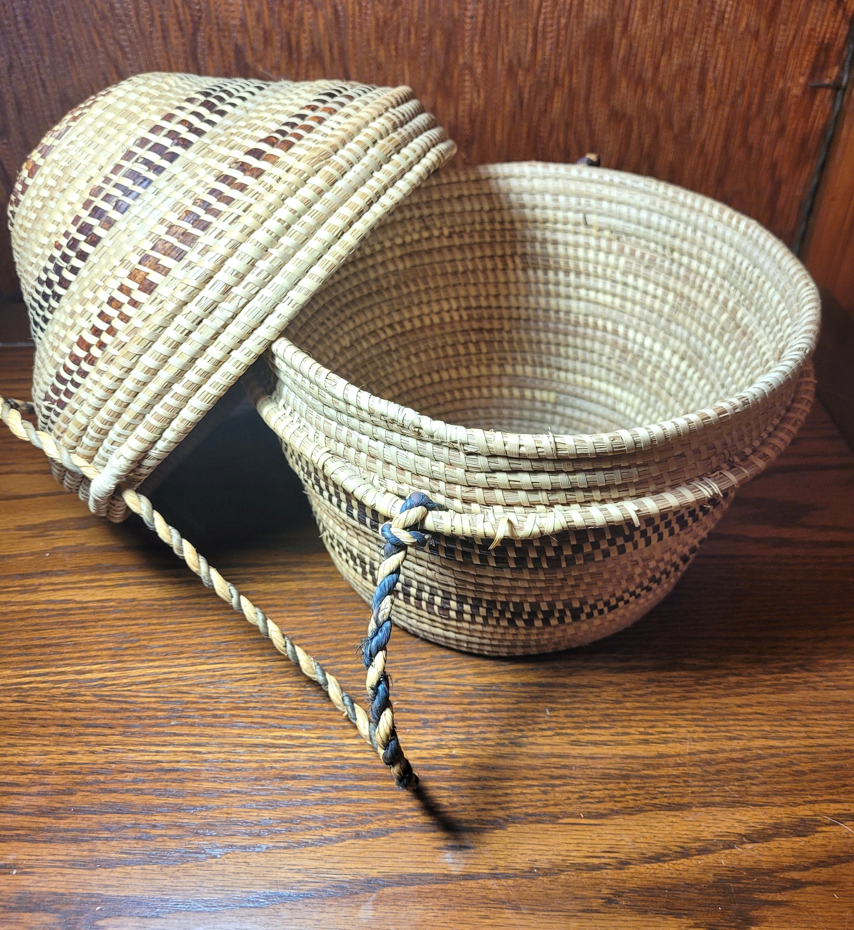 Circa 1970s Botswana Handwoven Basket with Lid & Strap | Large