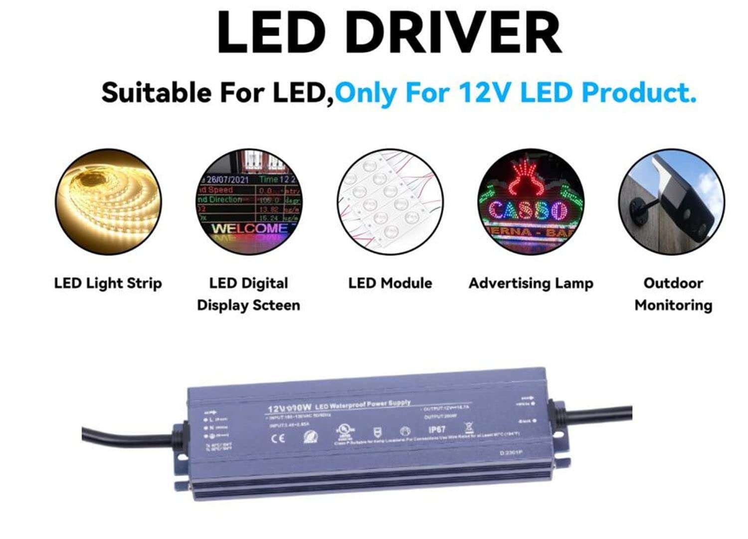 LED Driver 200W 12V UL Listed Transformer, Waterproof IP67 - photo 3