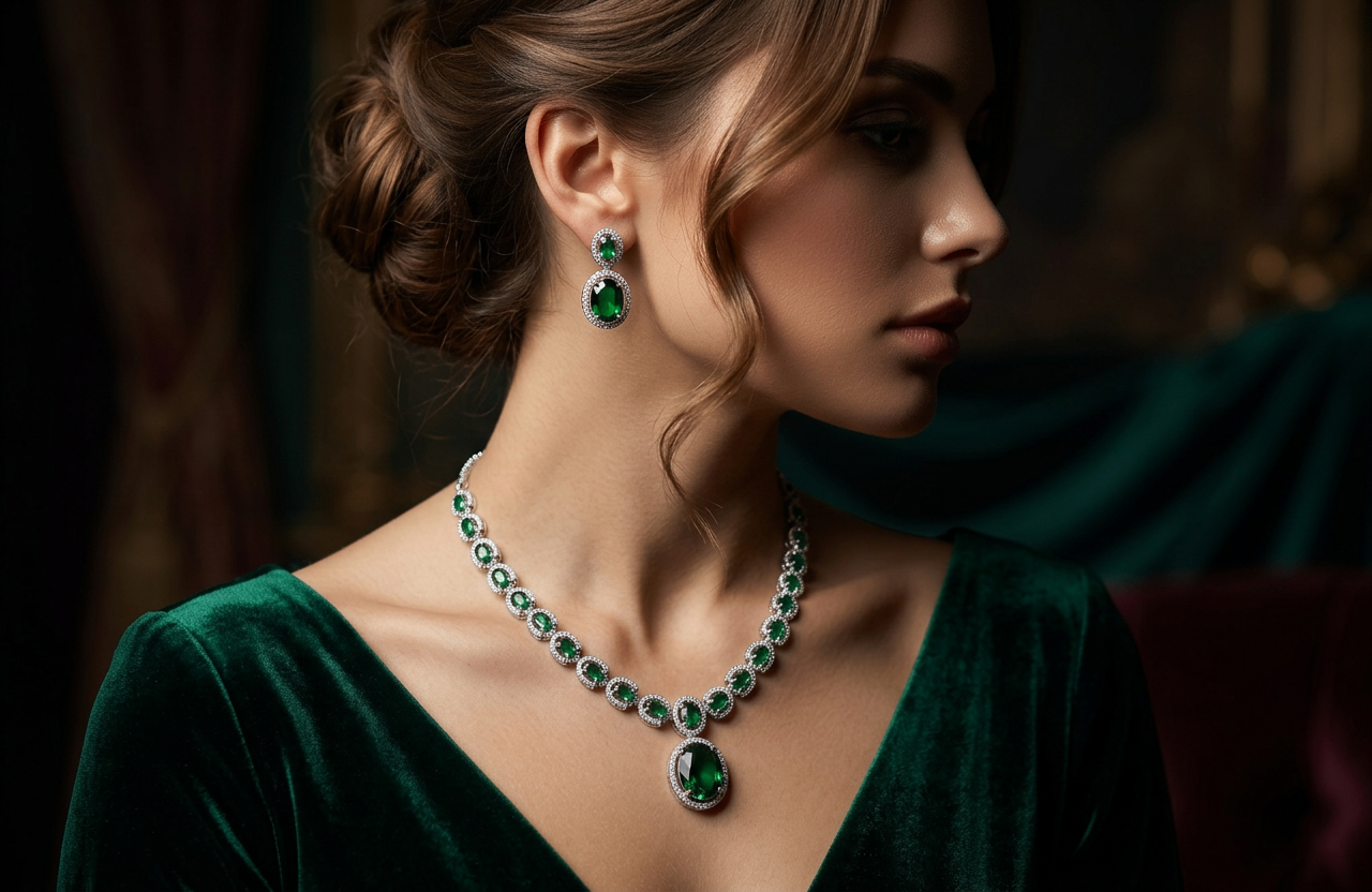 Emerald Necklace and Earrings Set