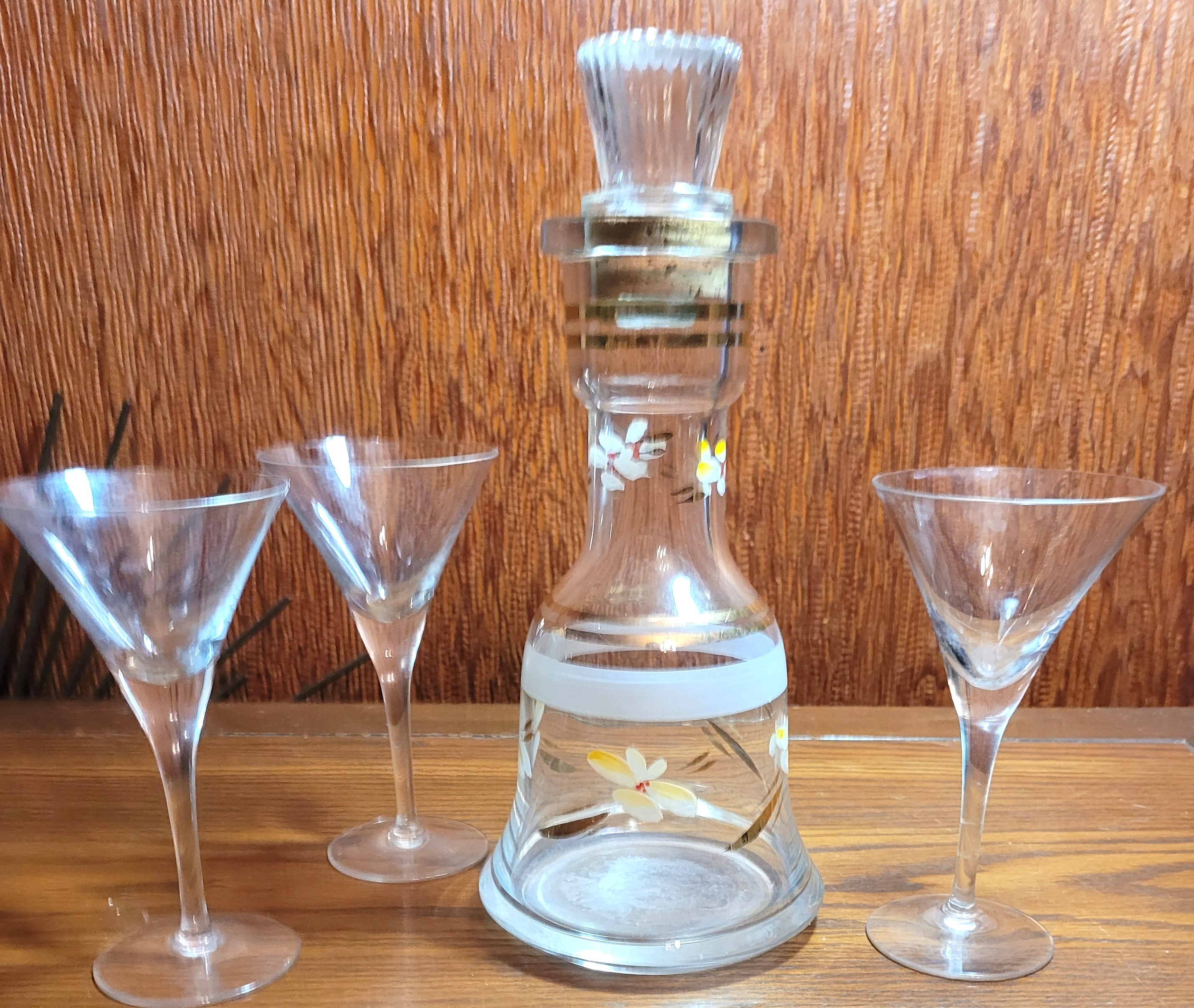 Circa 1960 Hand Painted Floral Glass Decanter 3 Cocktail Glasses