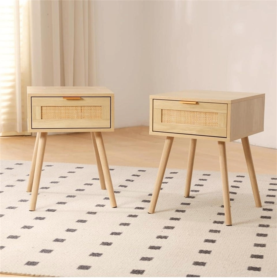 BRAND NEW Wooden Nightstand with Rattan Drawer