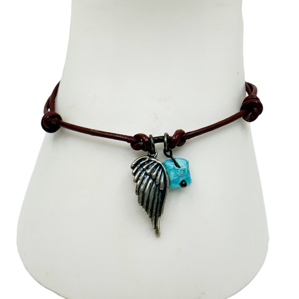silver tone turquoise angel wing leather cord bracelet - GM319 - photo 3