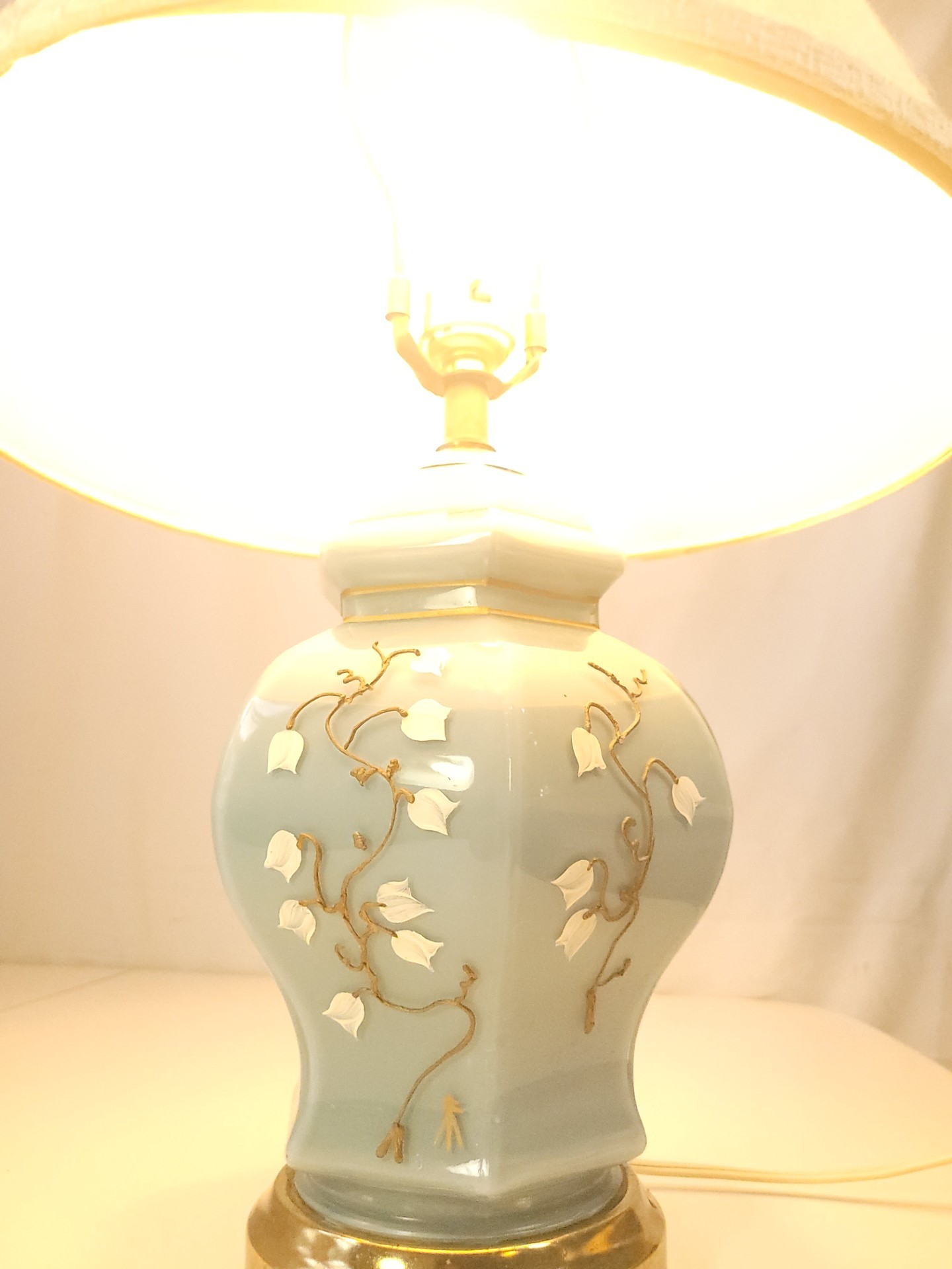 Circa 1968 Ceramic Table Lamp Blue White Floral Embossed